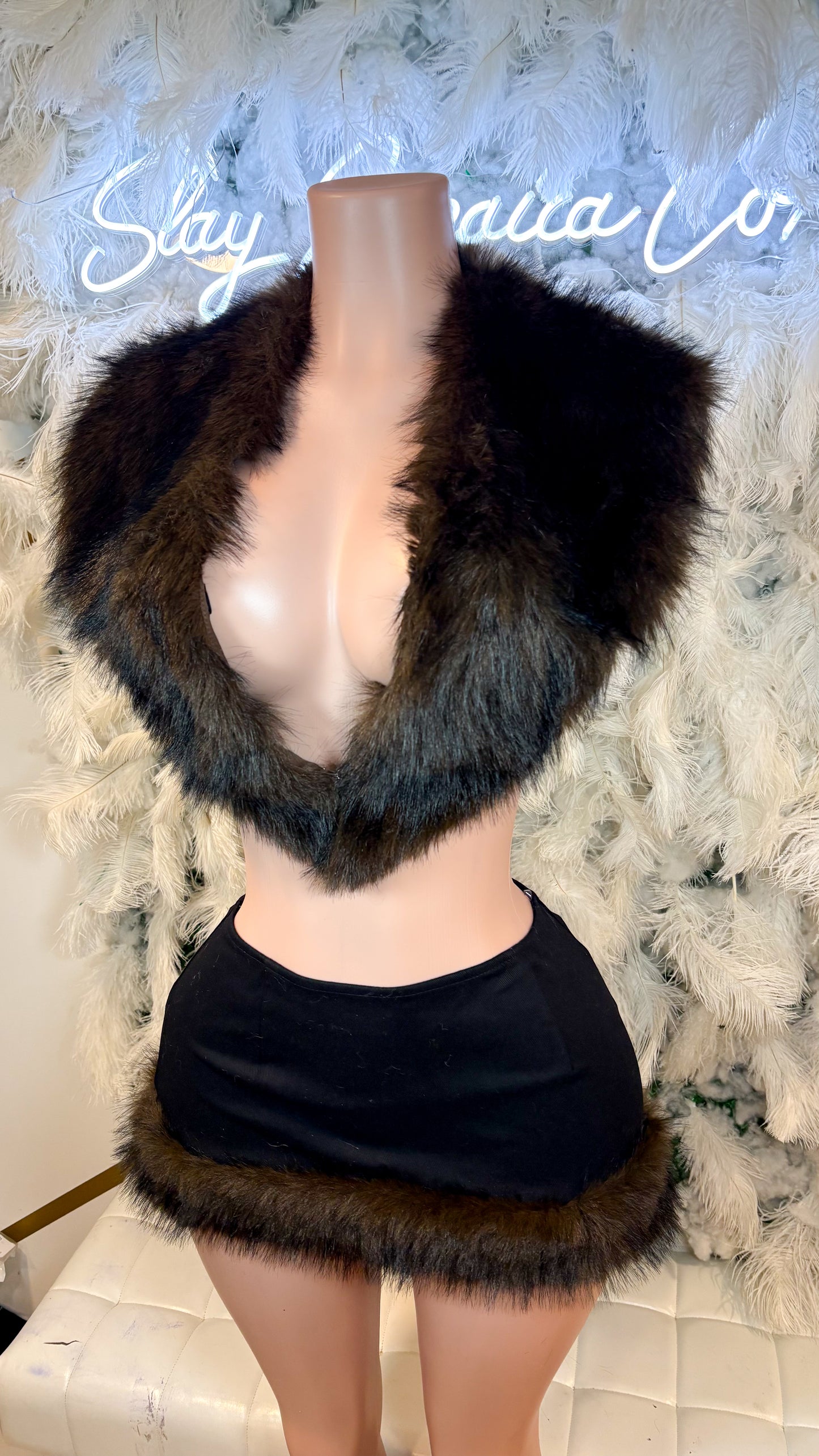 READY TO SHIP It’s  Giving Rich Vibes Fur Skirt Set -  Brown