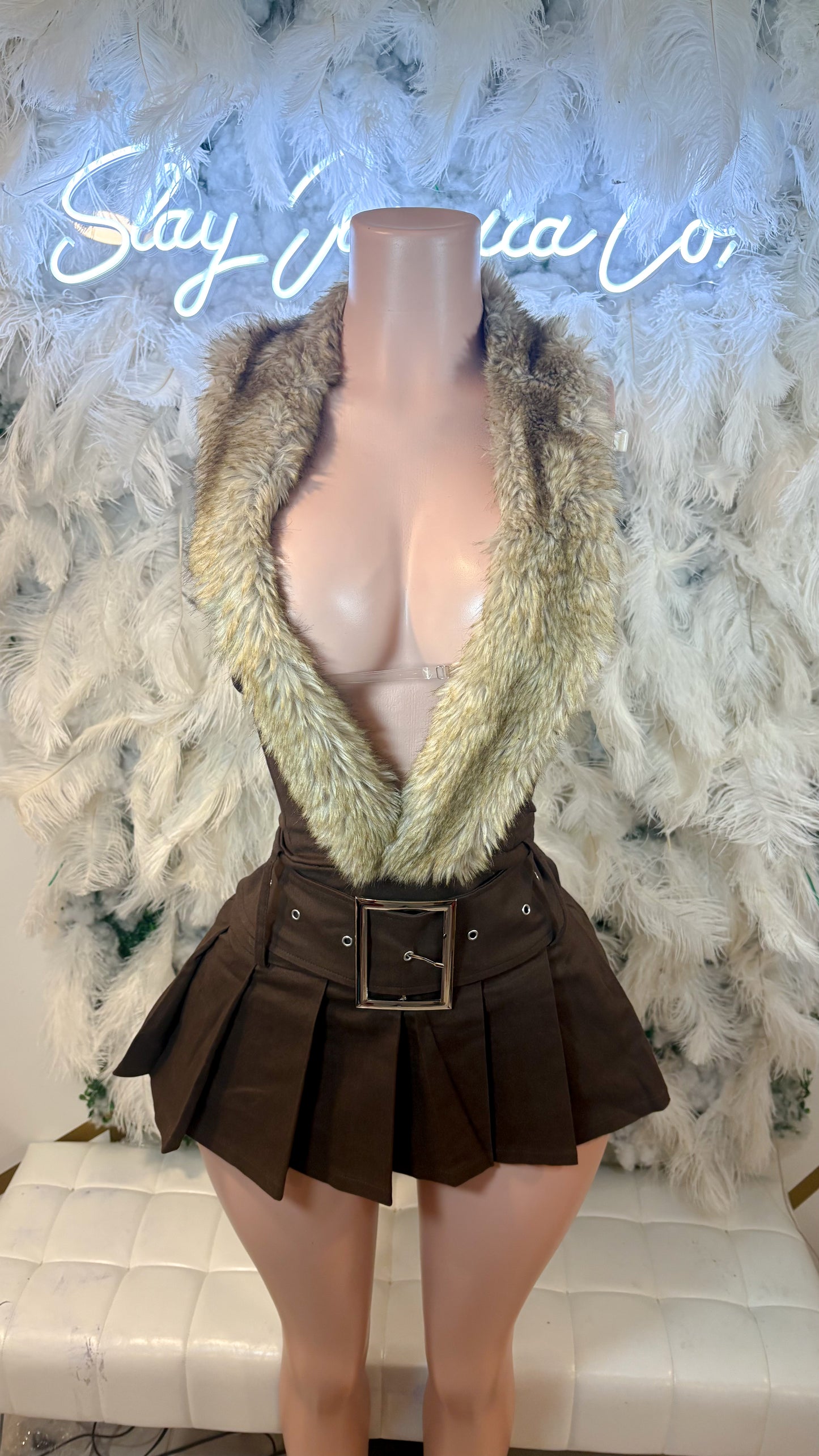 READY TO SHIP A Bad Bitch Never Gets Cold Fur Denim Dress - Dark Brown