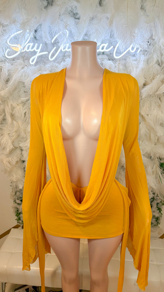 Her Main Attraction Draped Mesh Dress  -Mustard