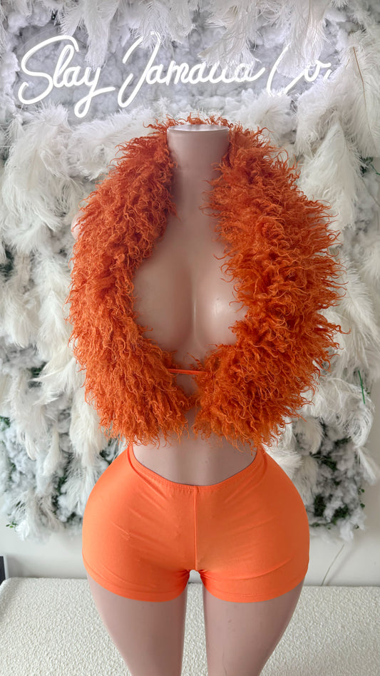 READY TO SHIP Summer Just Begun Mongolian Fur Shorts set - Orange