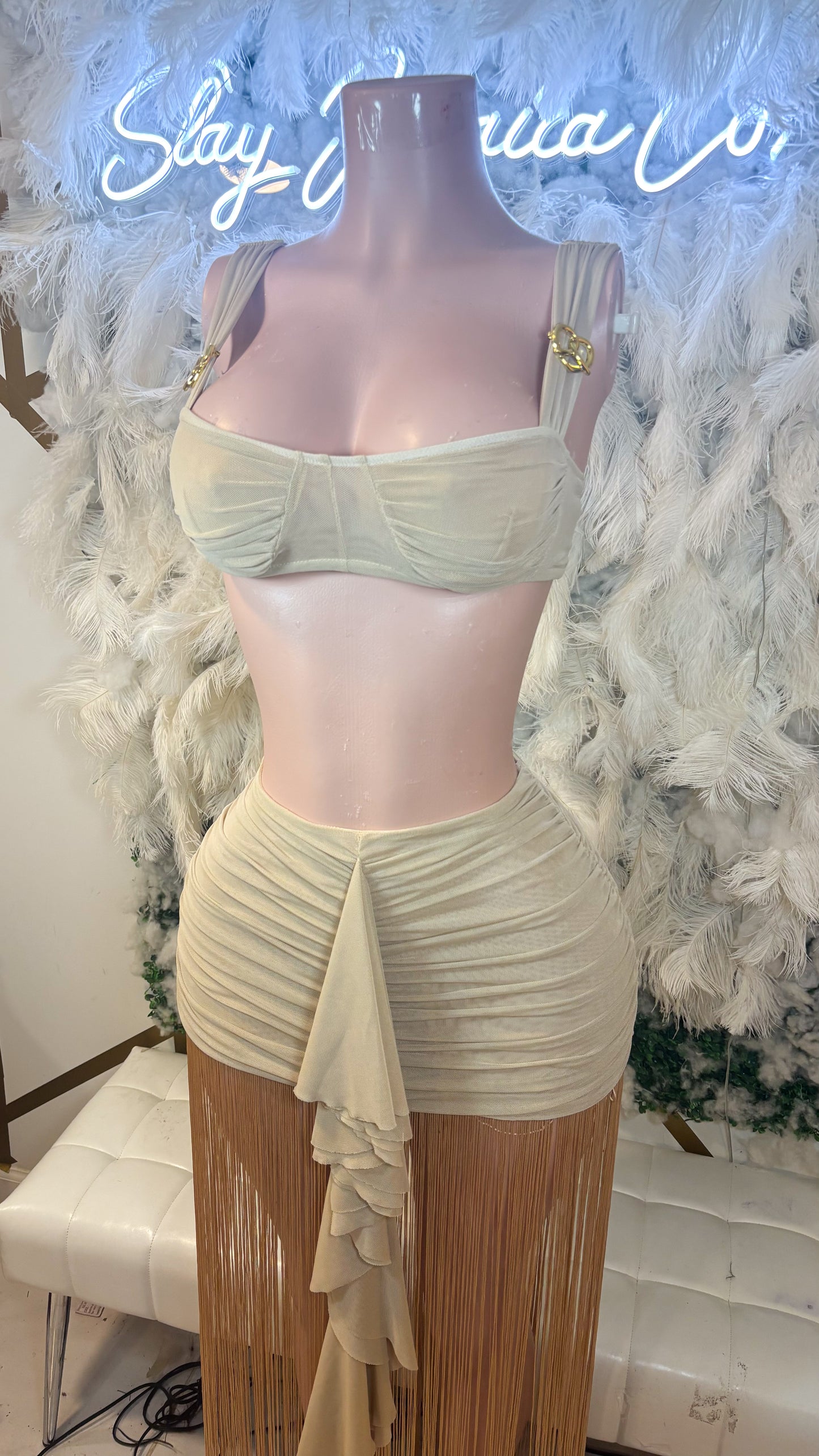 READY TO SHIP Tuscany Dreams Fringe Mesh Skirt Set - Nude