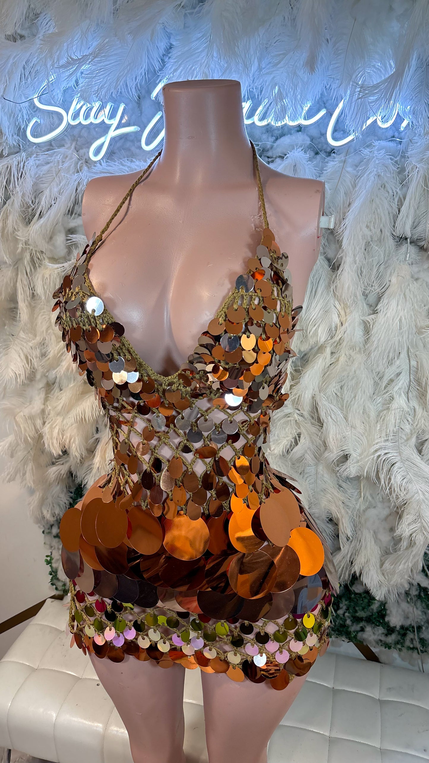 READY TO SHIP Bottles And Lights Knit Assorted Sequin Mini Dress - Warm Amber Mix