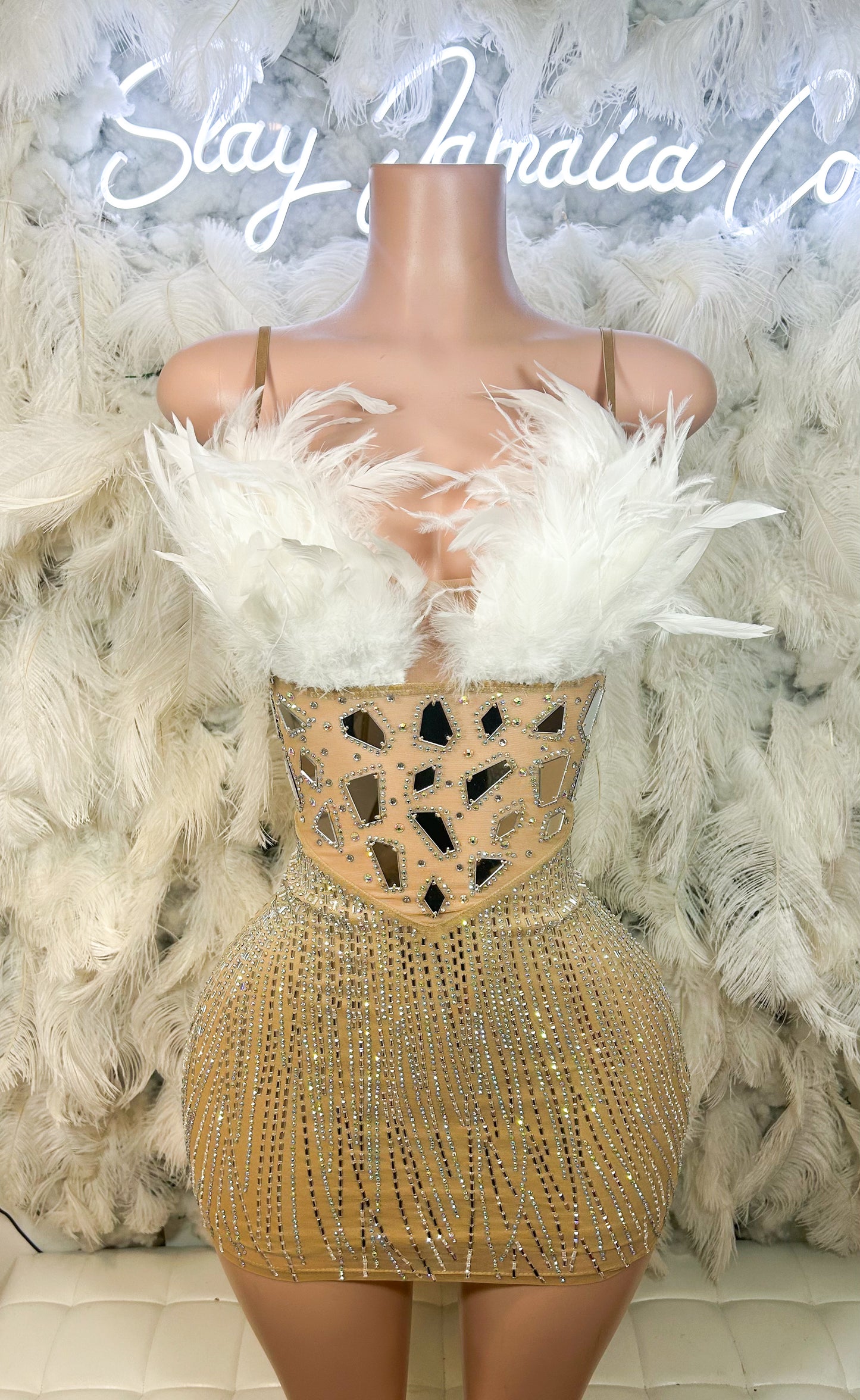 The Hottest Topic Feather Rhinestones Glass Mini Dress -Nude