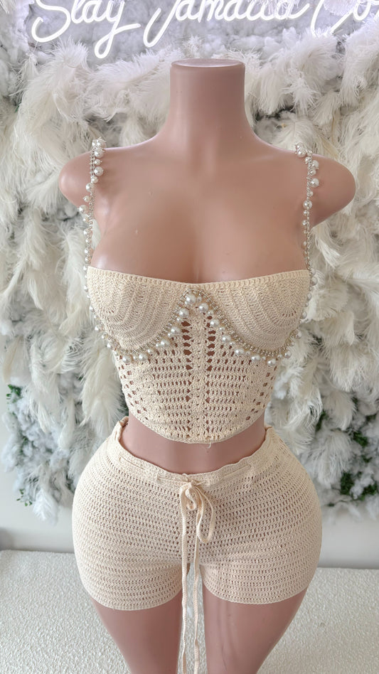Thailand Vibes Pearl Shorts Set- Beige