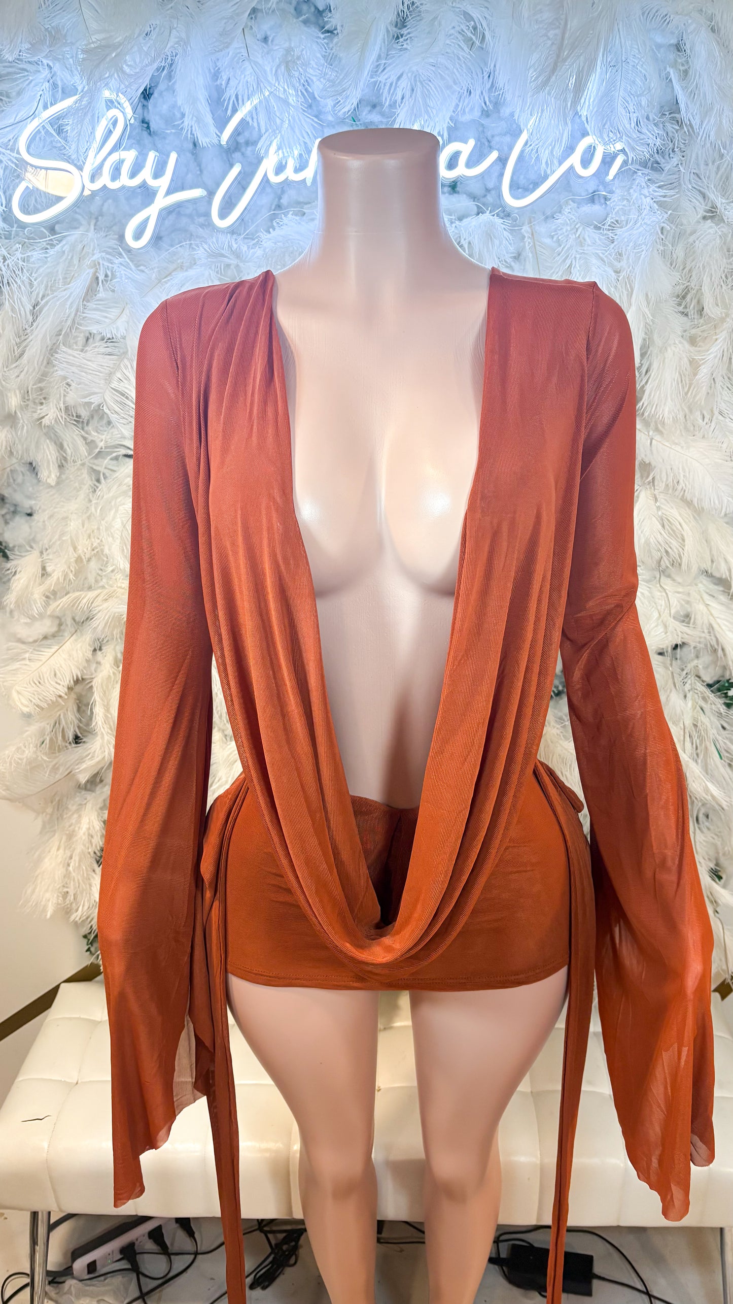 Her Main Attraction Draped Mesh Dress - Burnt Orange