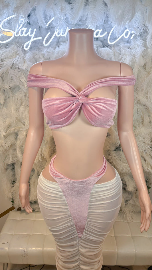 Fire And Desire Mesh Velvet Skirt Set -Baby Pink