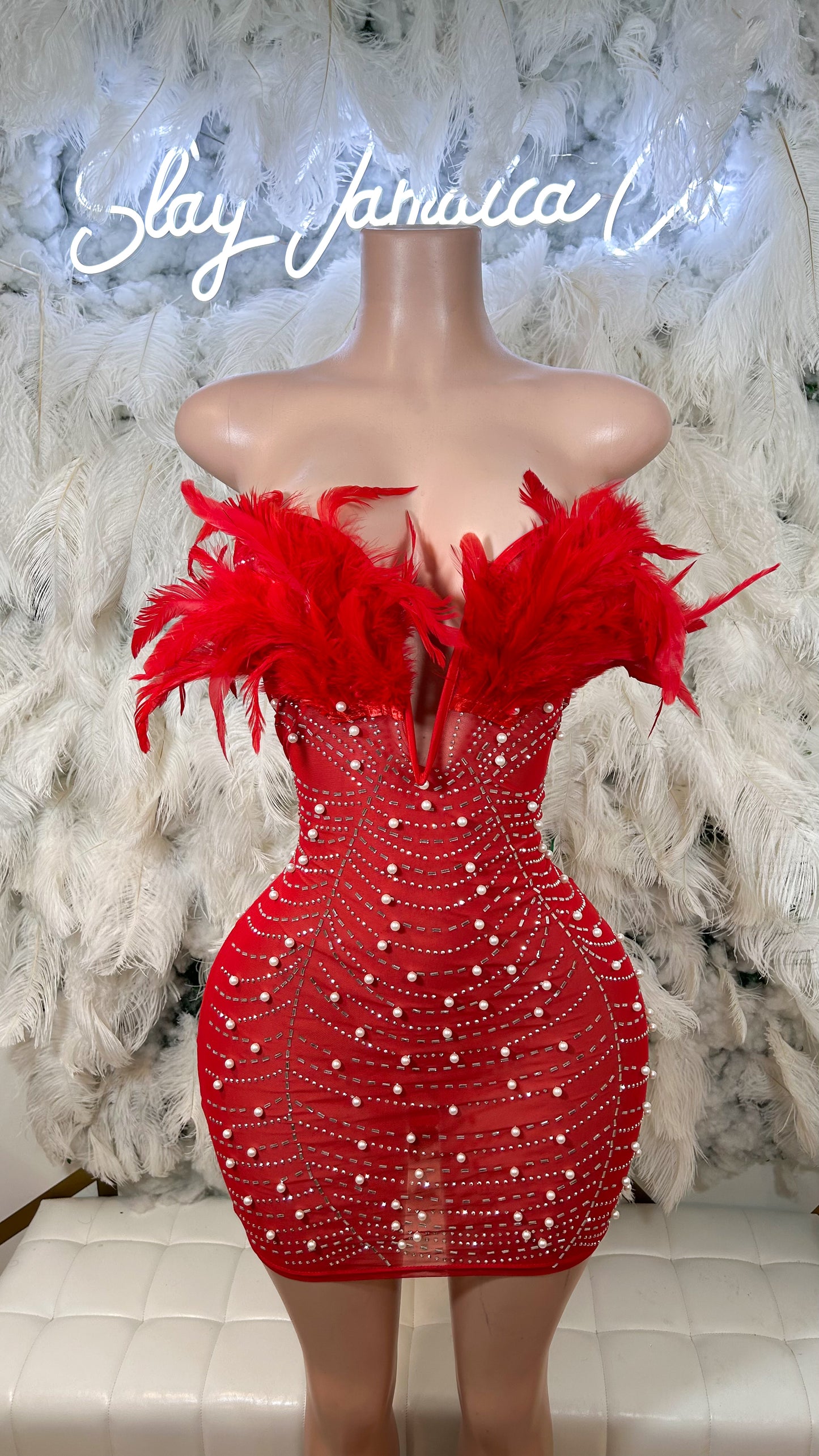 Baddest In The Room Pearl Mesh Mini Dress - Red