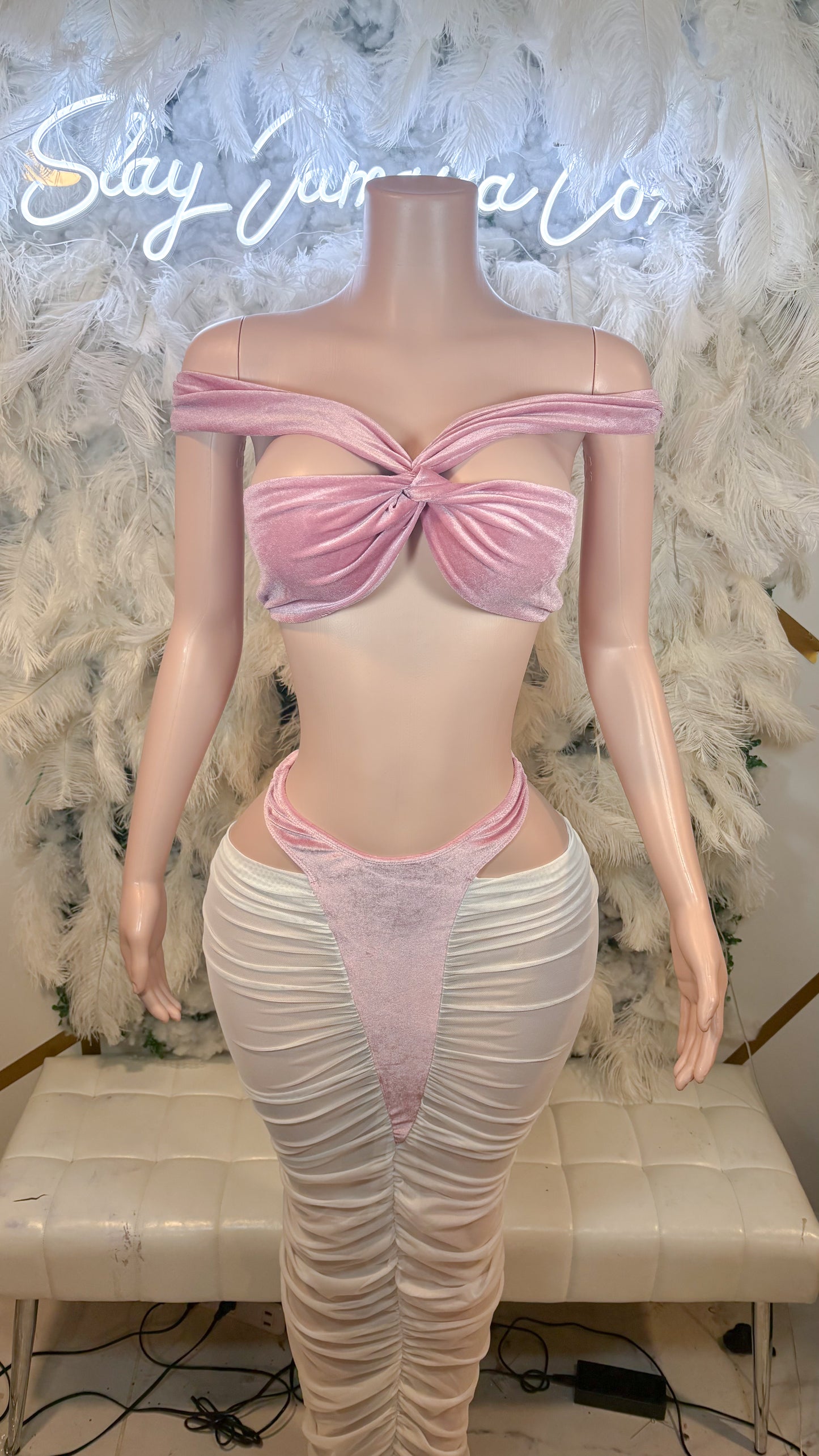 Fire And Desire Mesh Velvet Skirt Set -Baby Pink