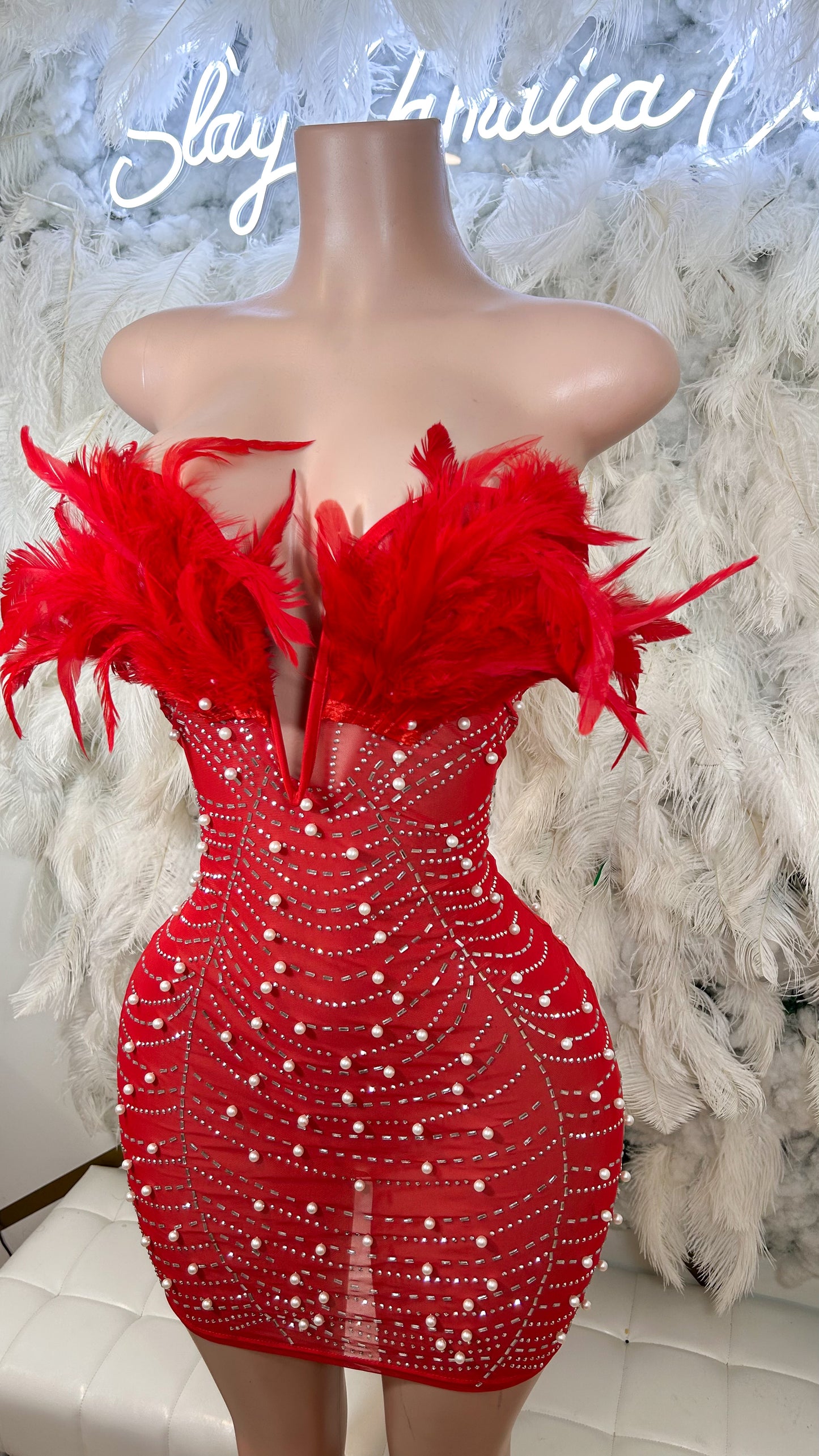 Baddest In The Room Pearl Mesh Mini Dress - Red