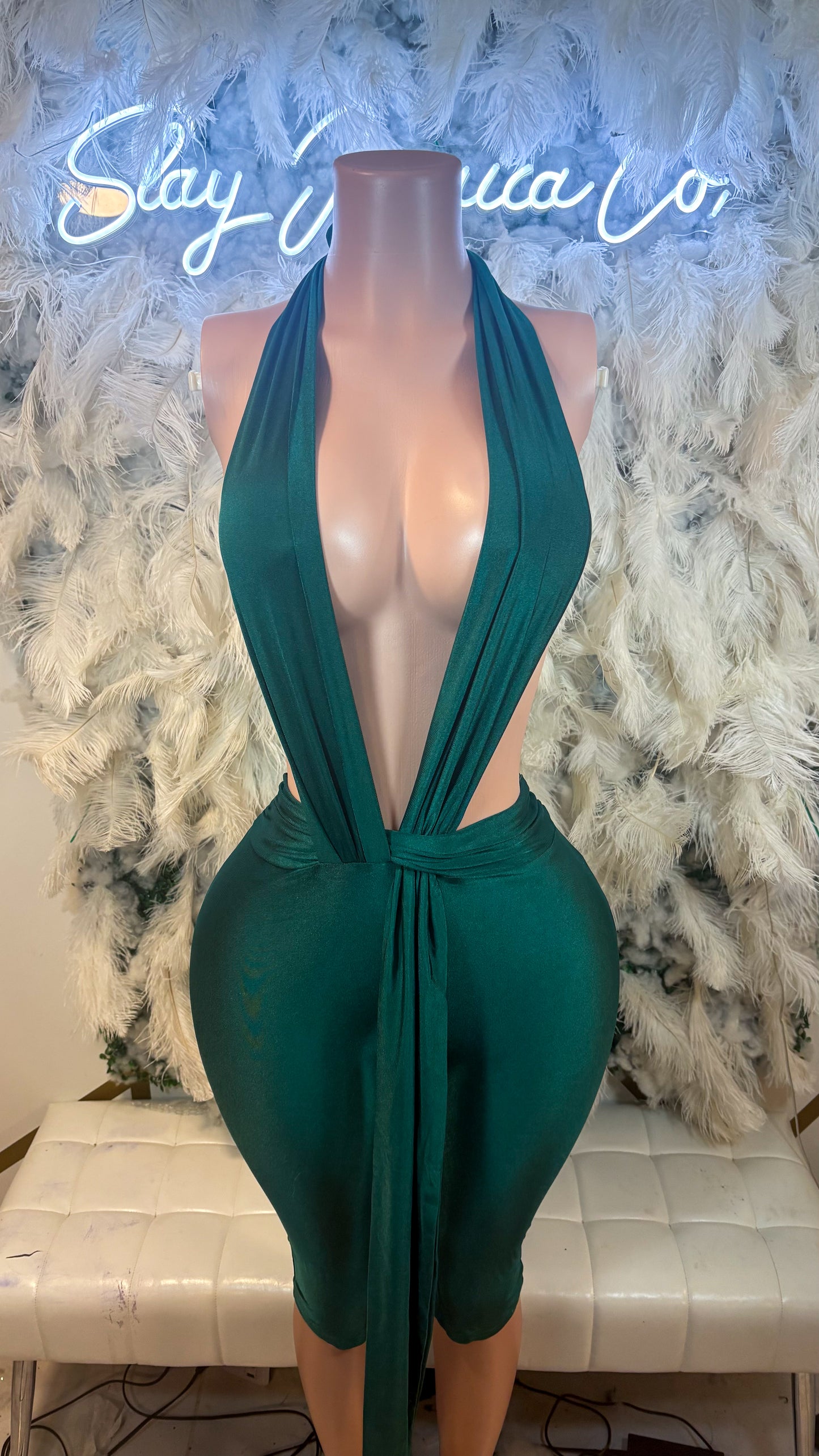 Temptation Aura Twisted Halter Romper- Hunter Green
