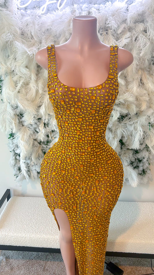 PREORDER ONLY Golden Drapes Rhinestone Mesh Maxi Dress