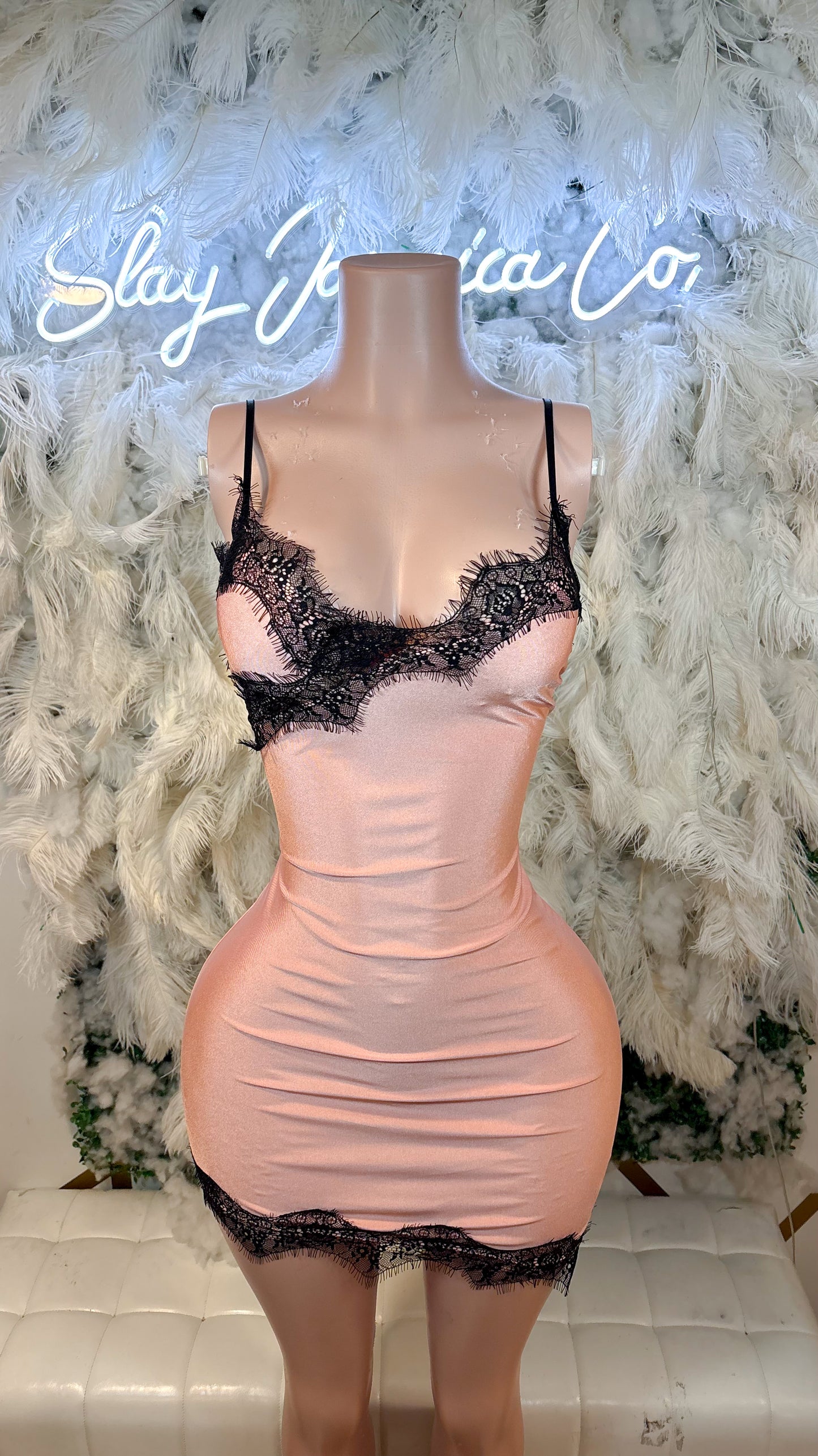 READY TO SHIP Date Night Mini Lace Dress -Peach