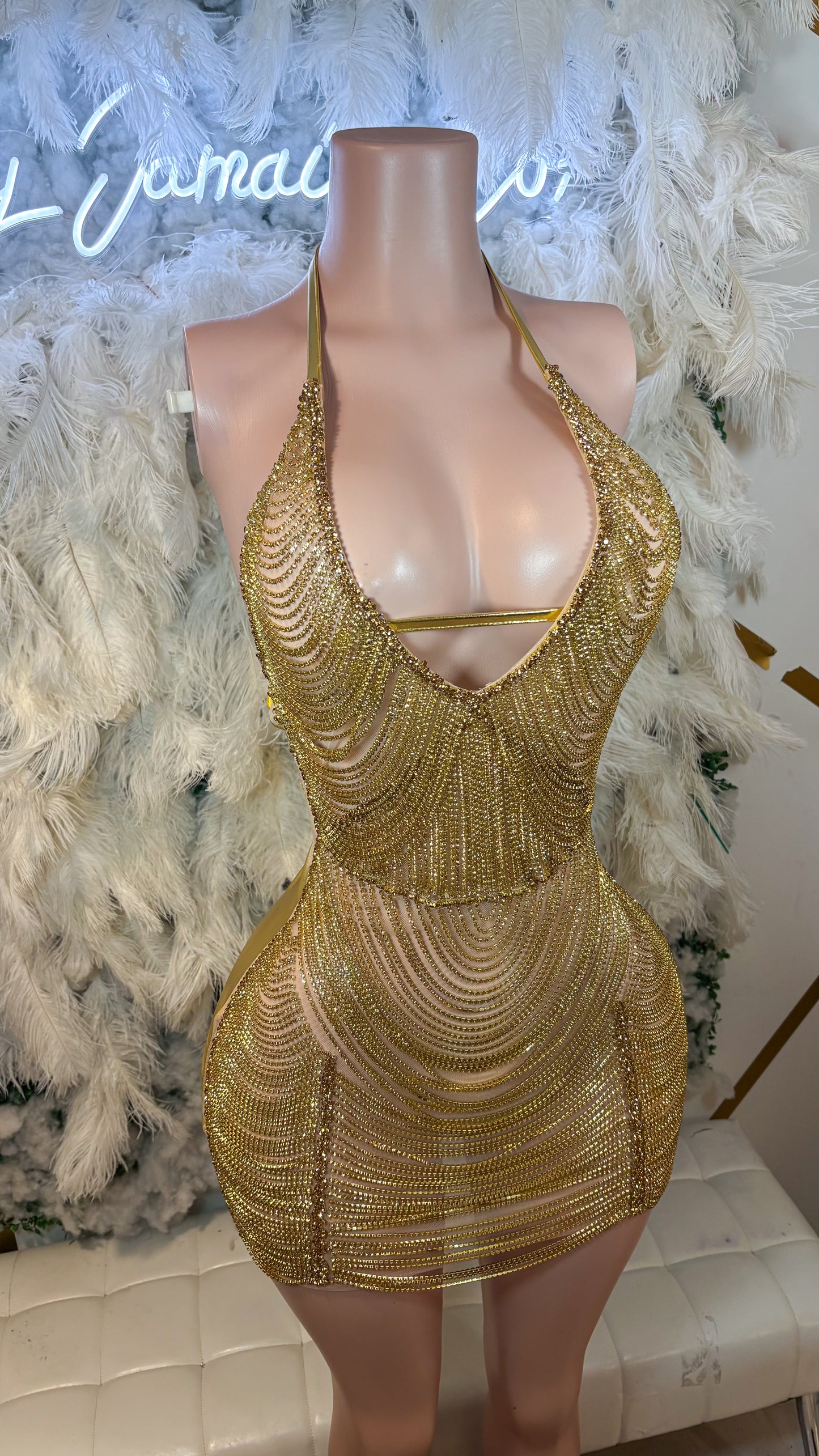 Preorder Only Keep Them Talking Chain Luxe Mini Dress - Gold