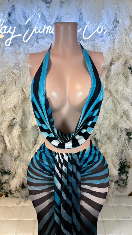 READY TO SHIP Resort Core Mesh Three Piece Skirt Set -Blue