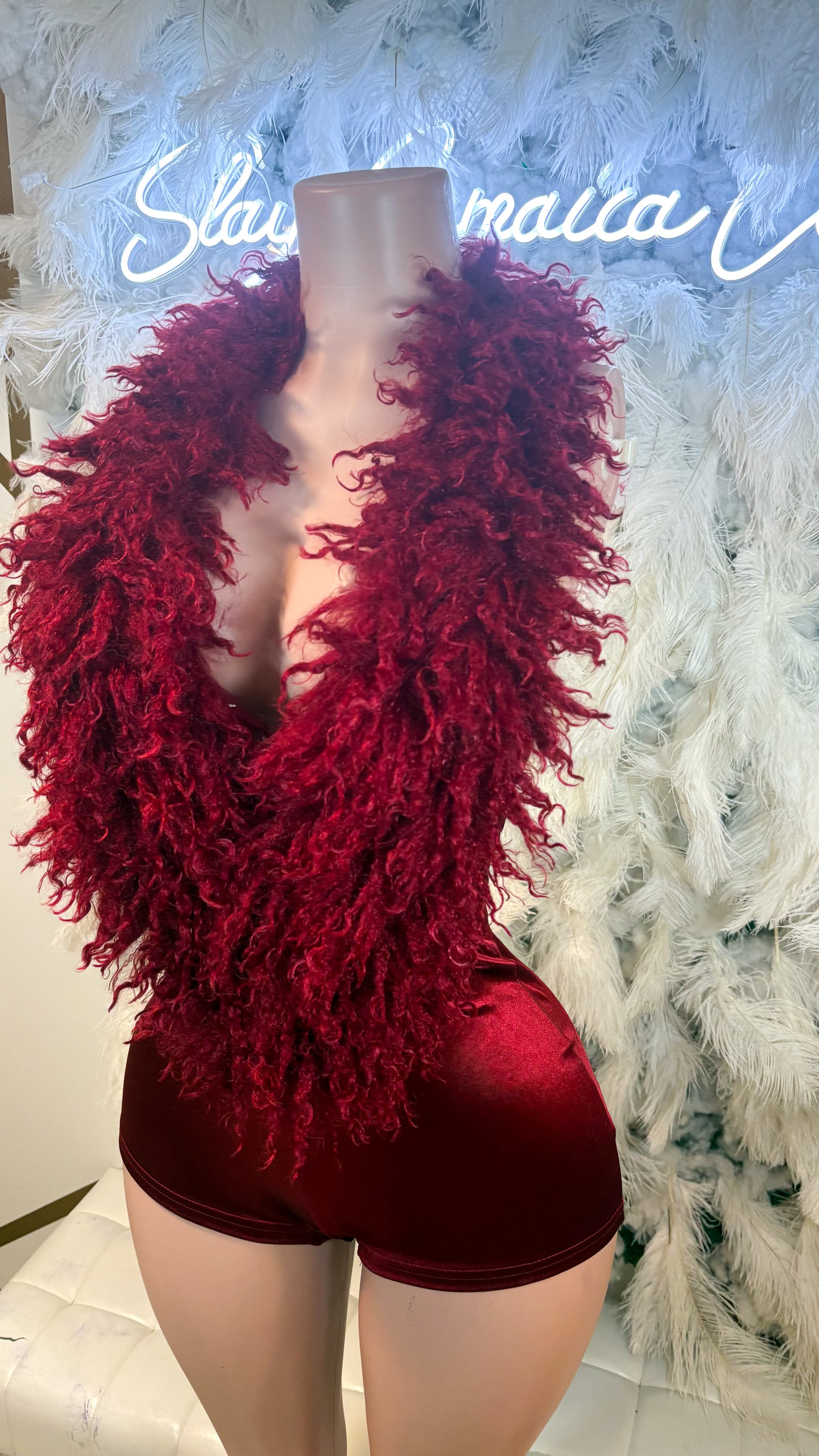 Allure Lifestyle Mongolian Fur Romper- BURGUNDY