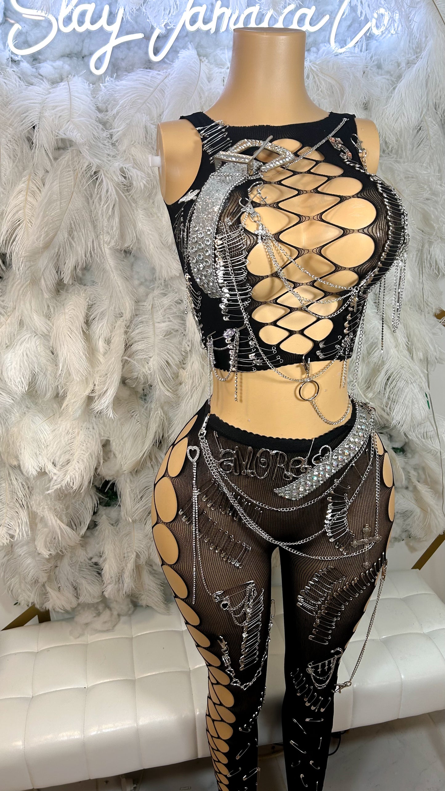 READY TO SHIP Star Life Chains Mesh Embellished Pants Set