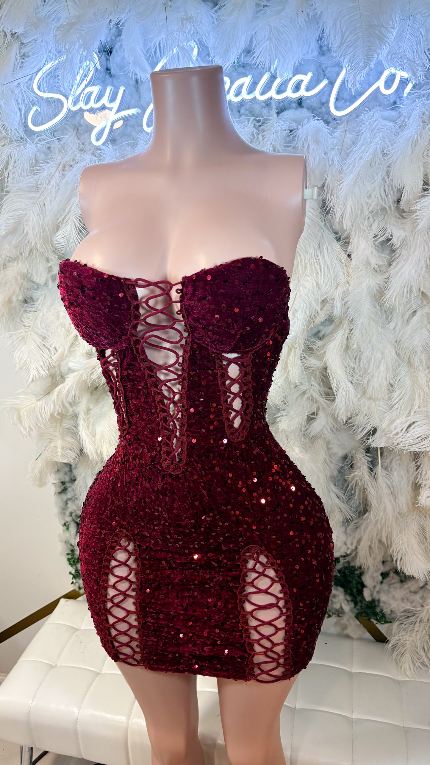 Shimmer Lights Sequin Cut Out Mini Dress - Burgundy