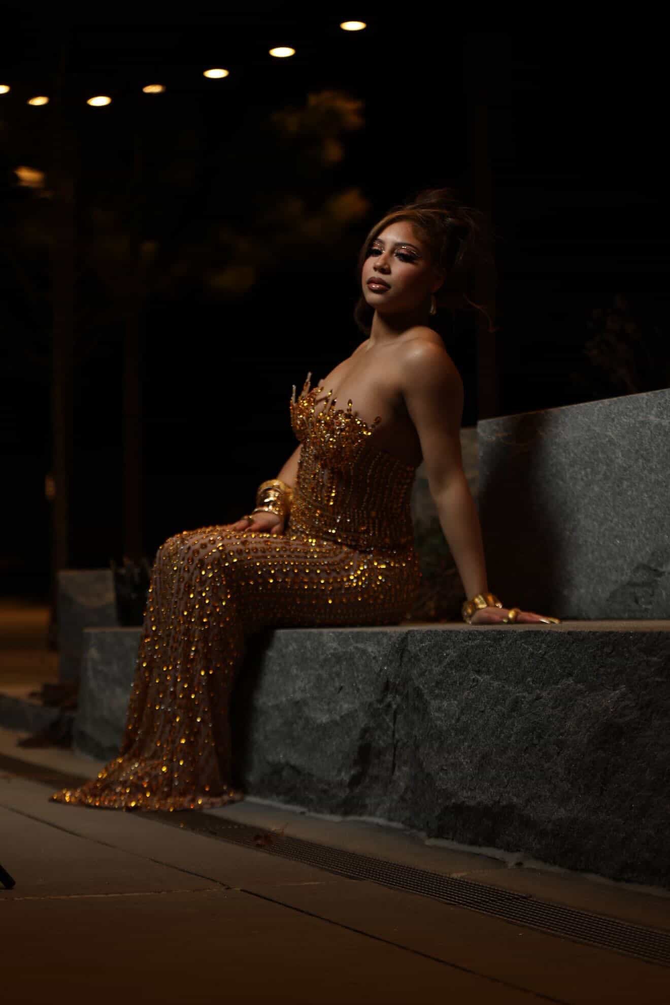 READY TO SHIP  Stunner Forever Rhinestone Maxi Dress -Gold