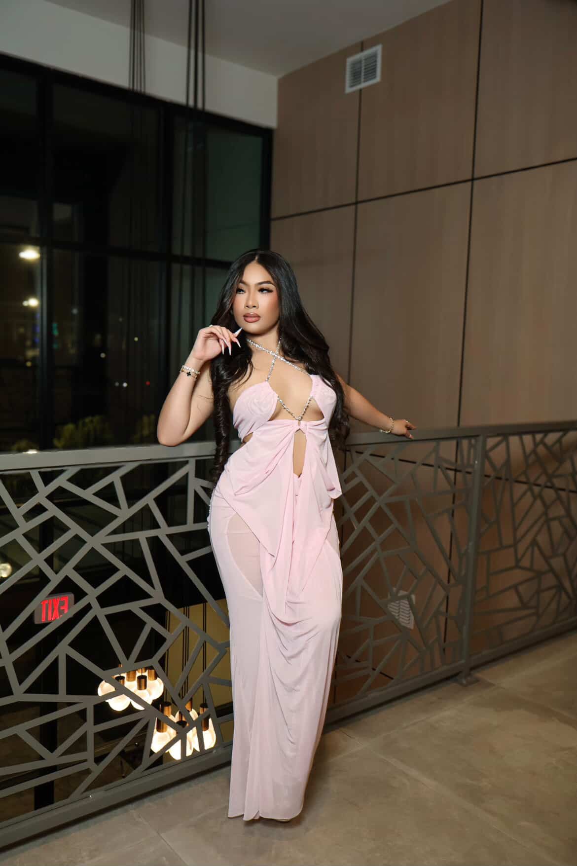 Miss Provocateur Ruched Mesh Maxi Dress - Petal Pink