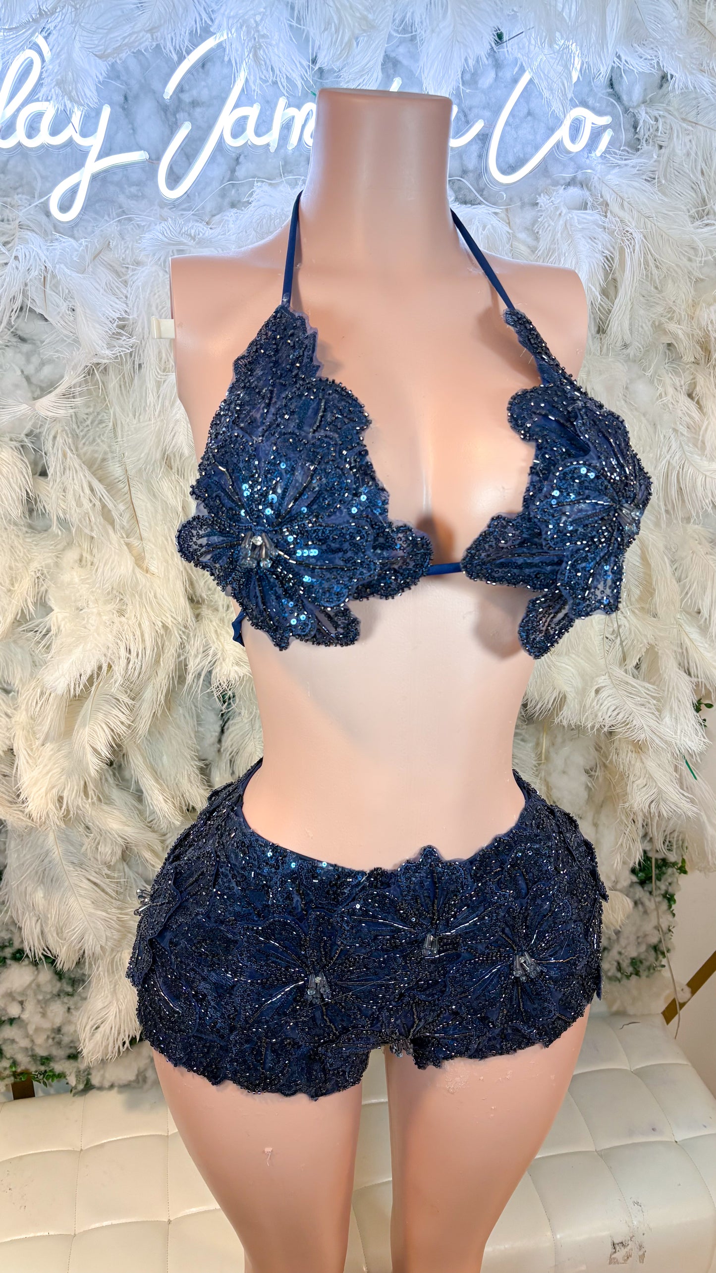 READY TO SHIP Seychelles  Doll Floral Sequin Shorts Set - Navy Blue