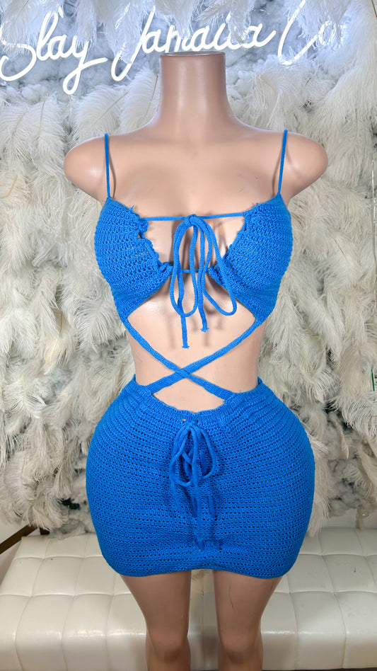 Run Away To Paradise Crochet Mini Dress - Blue