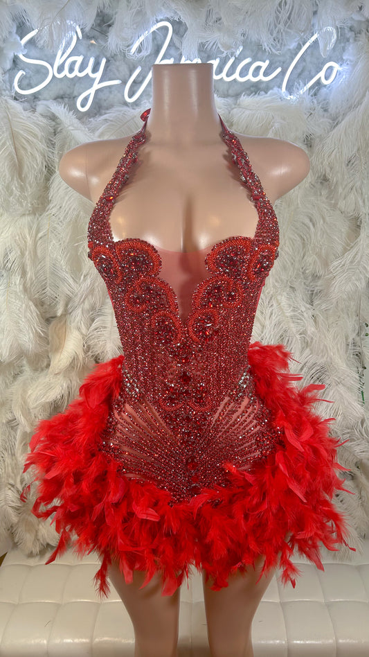 Preorder only Fine Wine Feather Luxury Rhinestone Dress-Red