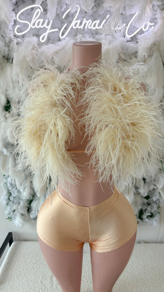 READY TO SHIP Champagne Nights Ostritch Feather Shorts Set