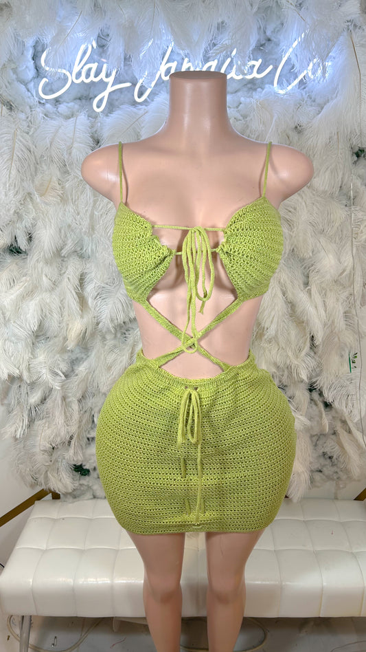 Run Away To Paradise Crochet Mini Dress - Green