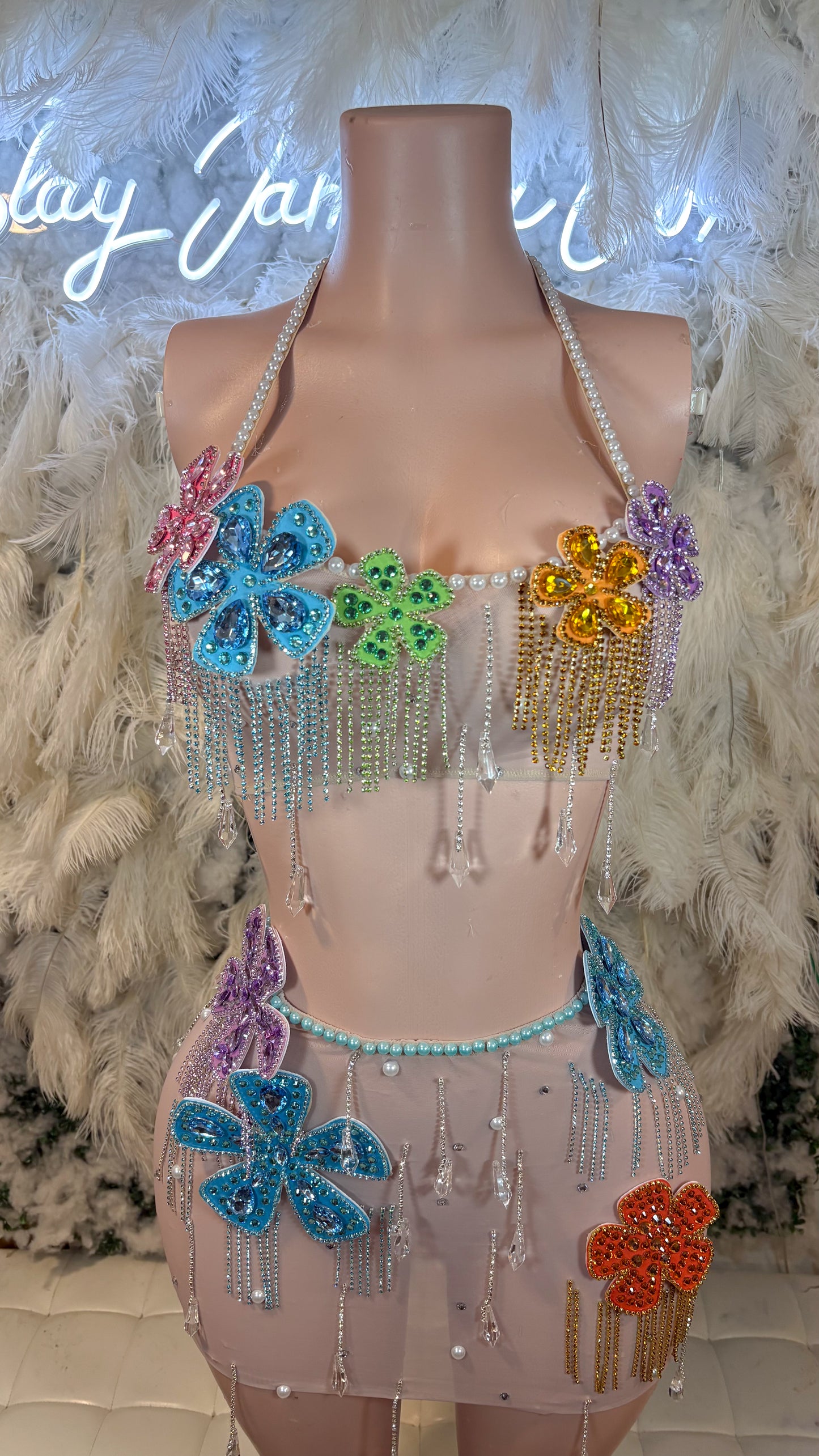 Shimmery Lights Mesh Rhinestone Skirt Set