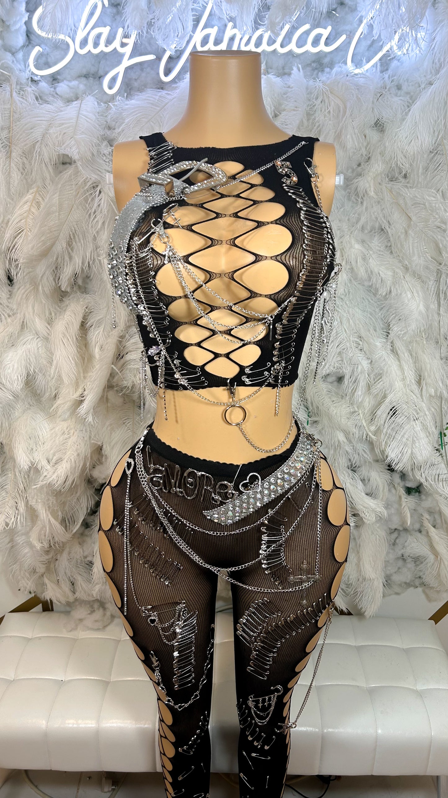 READY TO SHIP Star Life Chains Mesh Embellished Pants Set