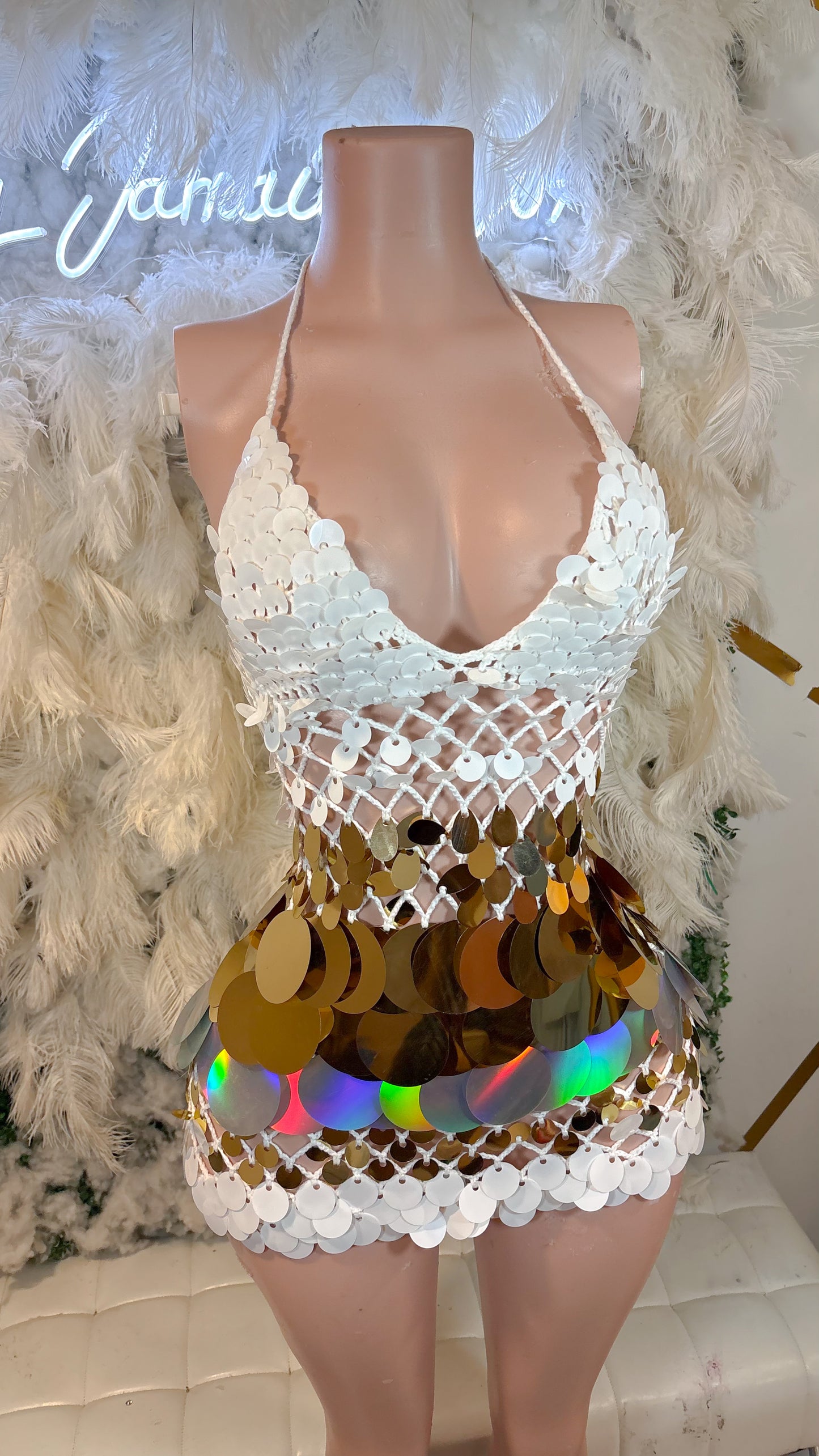 READY TO SHIP Bottles And Lights Knit Assorted Sequin Mini Dress - White Gold Mix