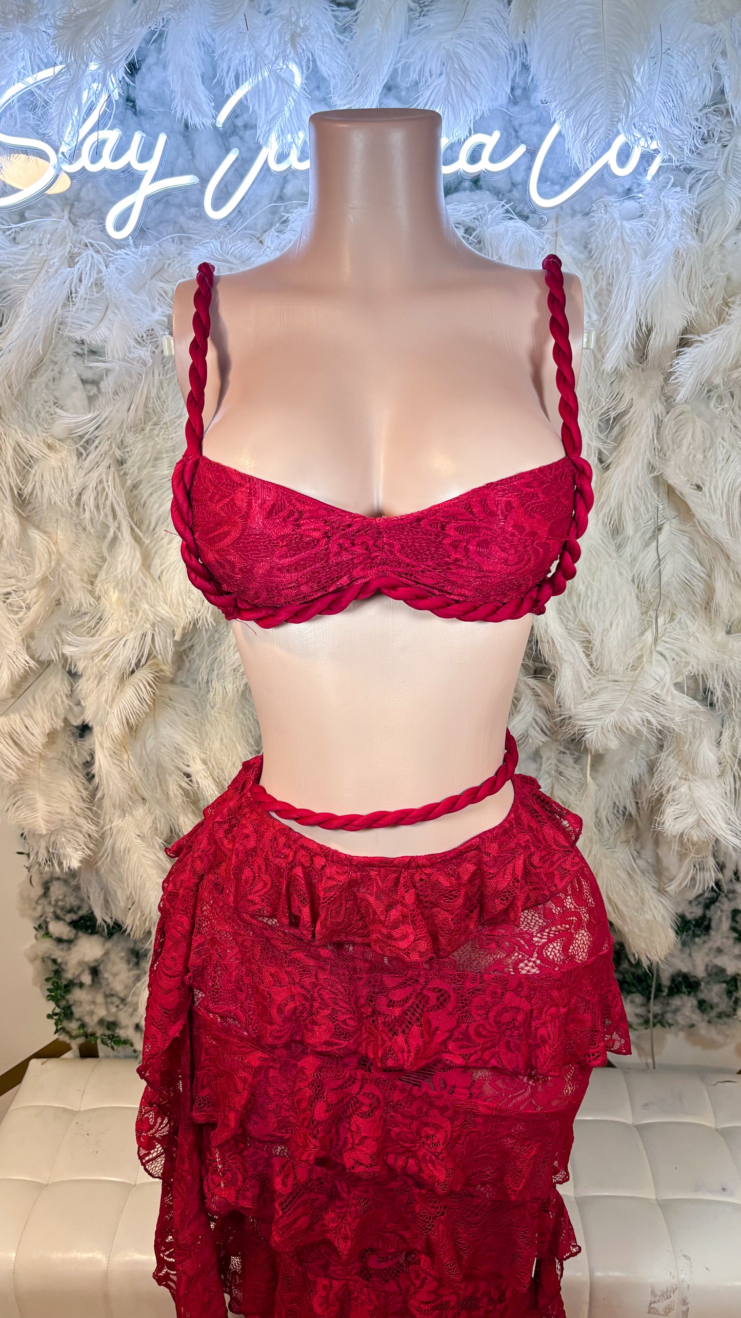 Delicate Thrills And Frills Lace Skirt Set - Red Wine