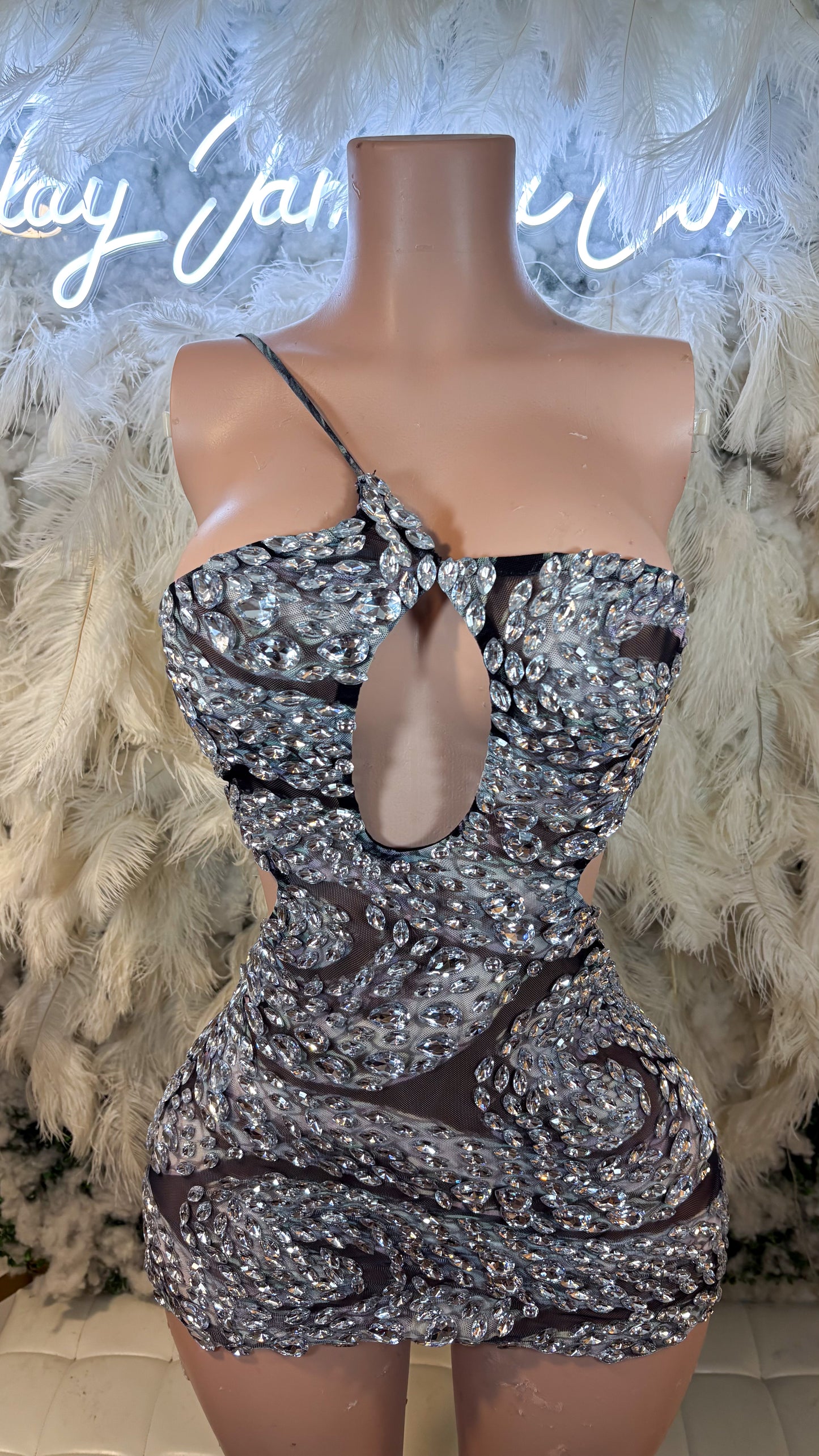 READY TO SHIP Swirls Of Grey Rhinestone Mesh Mini Dress