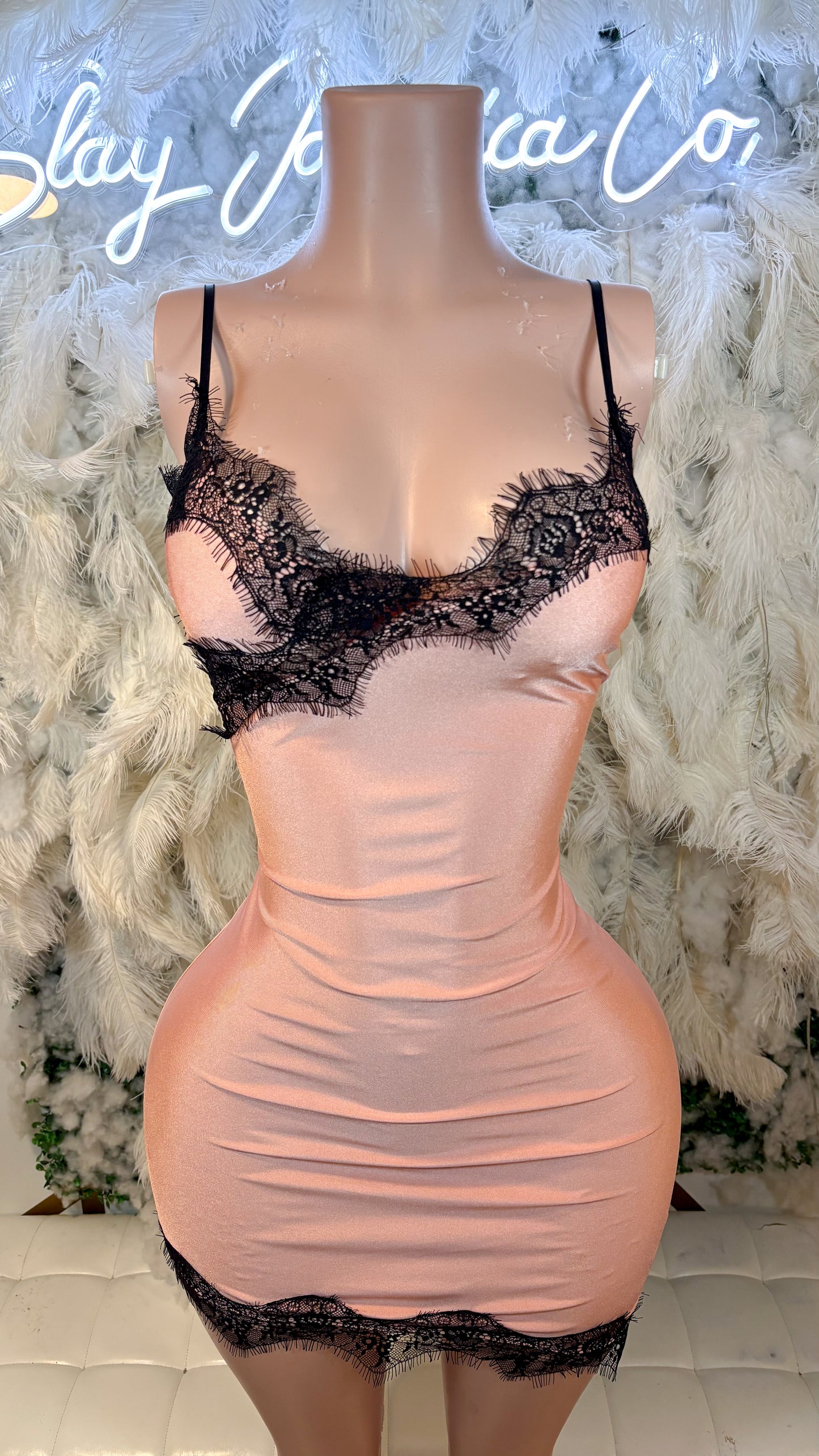 READY TO SHIP Date Night Mini Lace Dress -Peach
