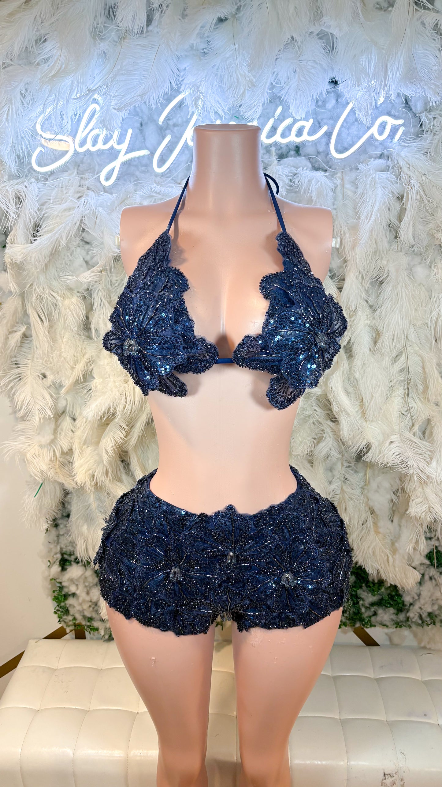 READY TO SHIP Seychelles  Doll Floral Sequin Shorts Set - Navy Blue