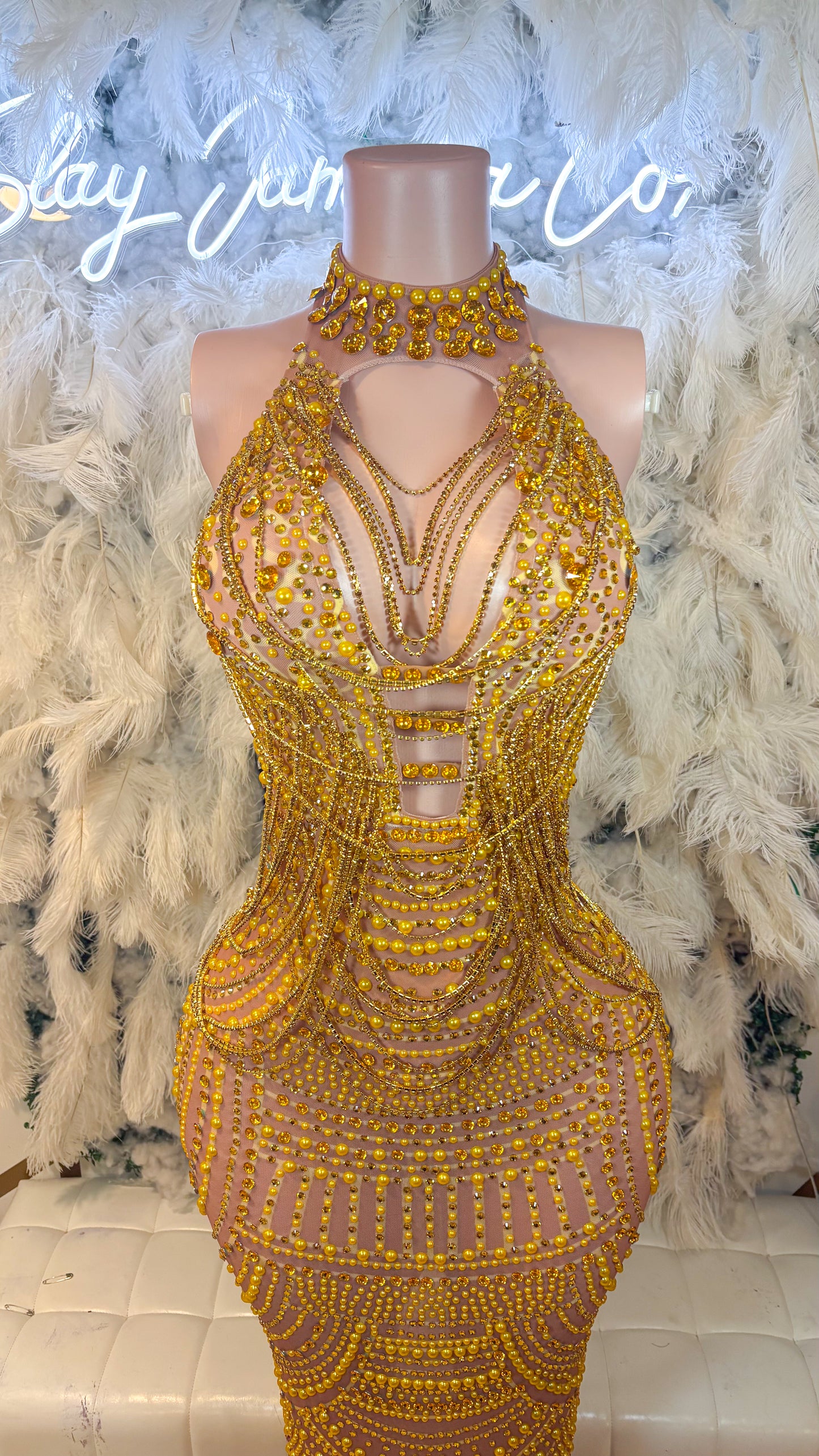 Moonlight Dreams Rhinestone Chain Mesh Maxi Dress -Gold