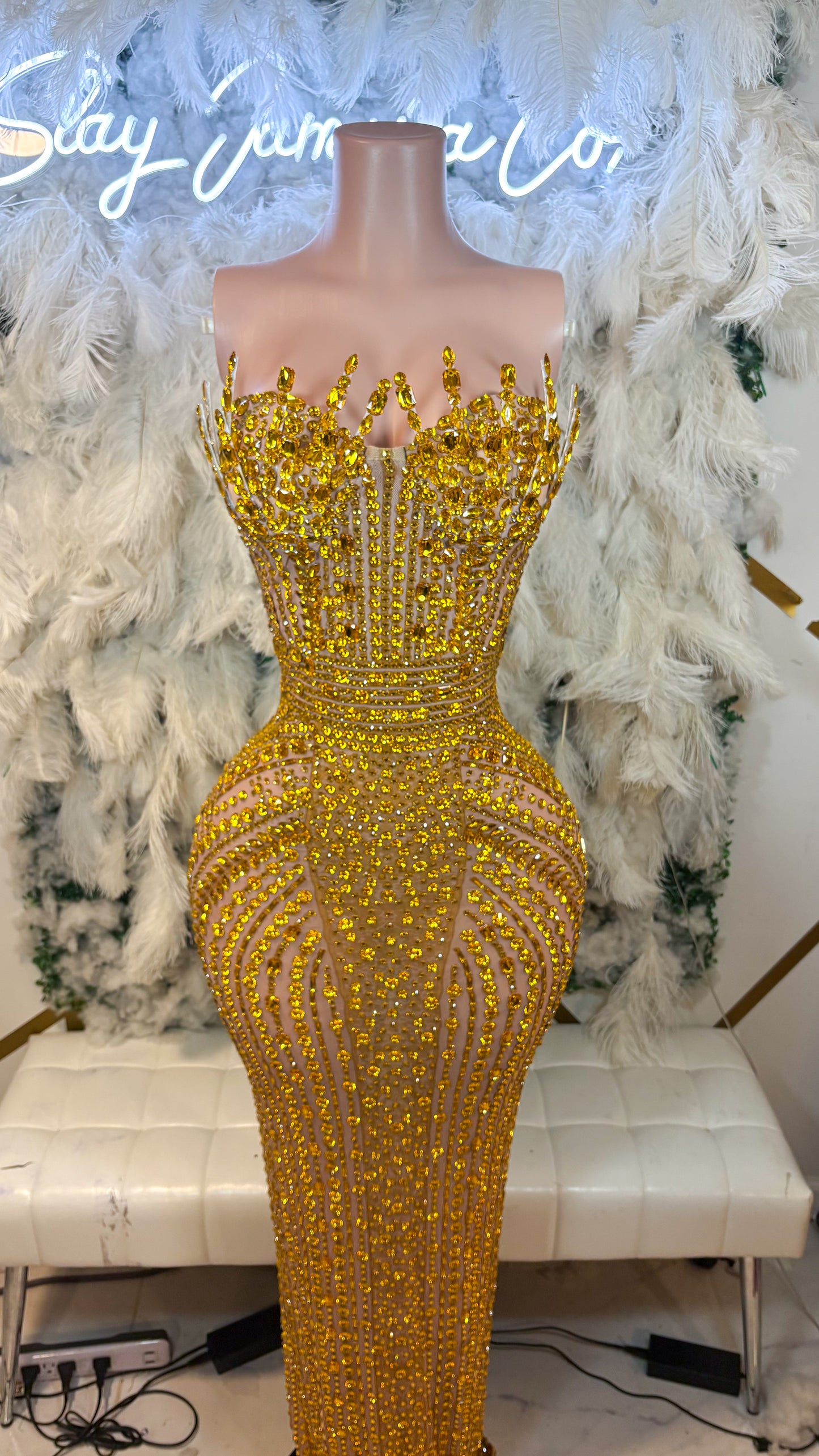 READY TO SHIP  Stunner Forever Rhinestone Maxi Dress -Gold