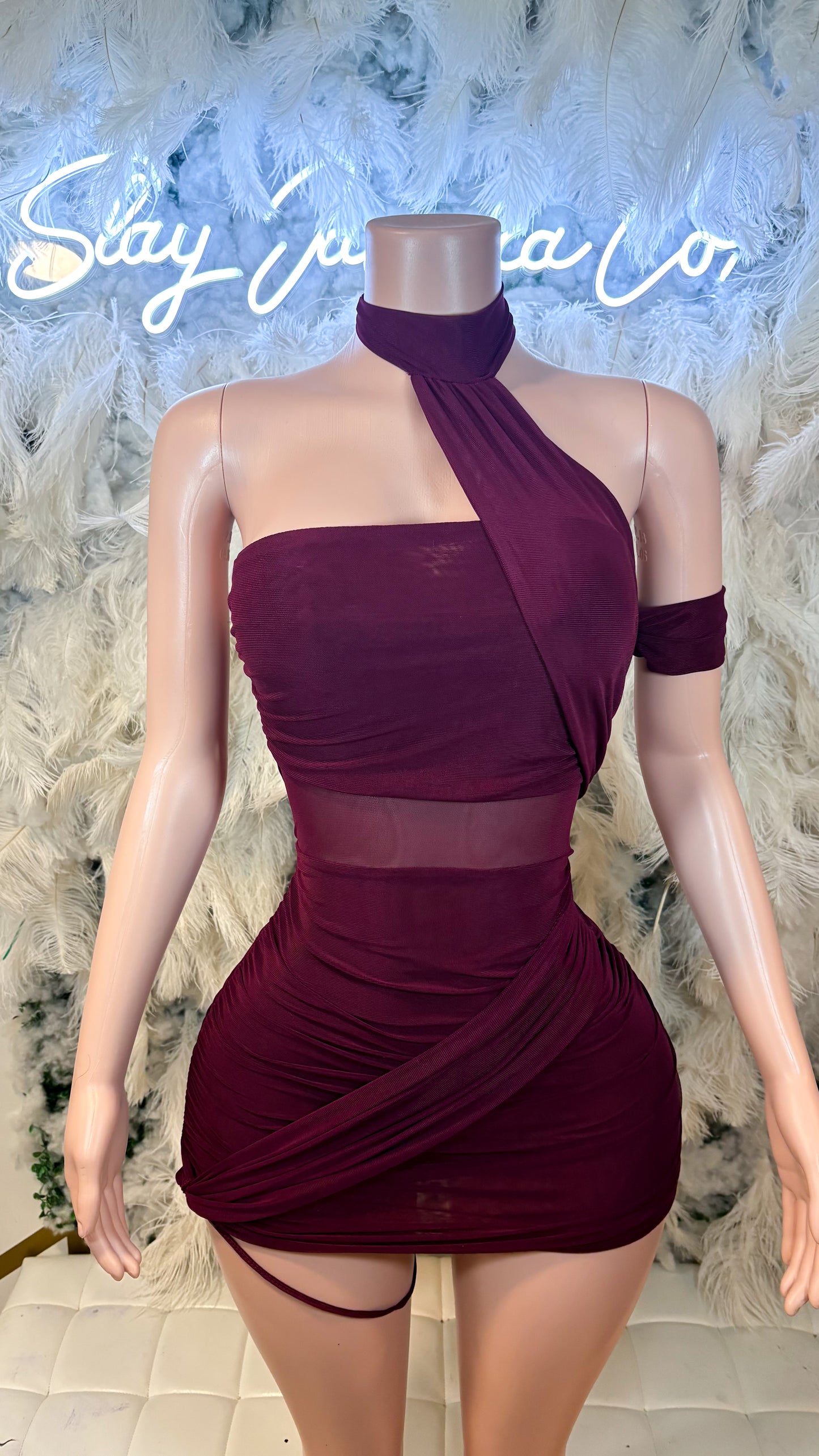 Miss Independent Ruched Mesh Mini Dress - Wine