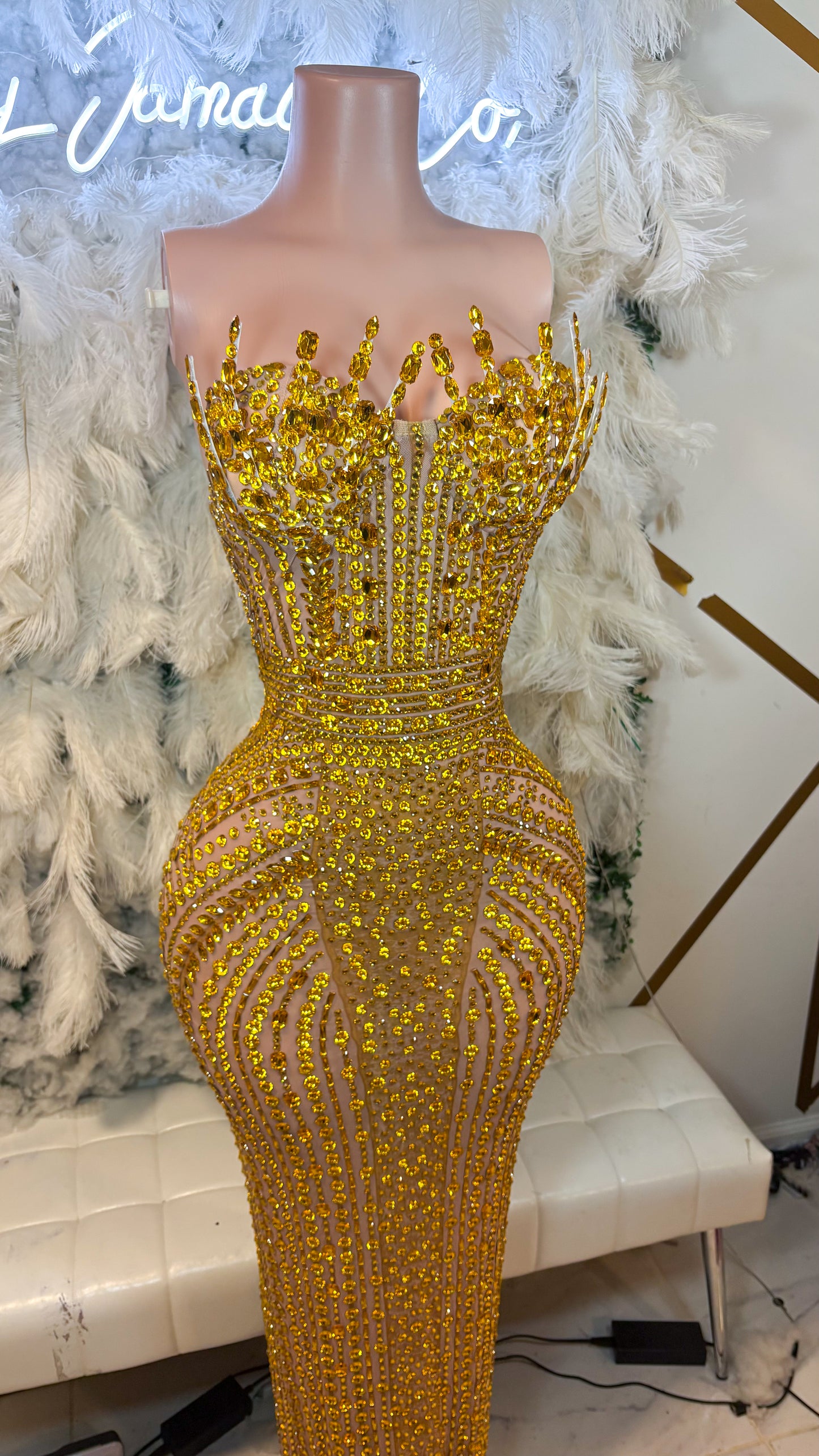 READY TO SHIP  Stunner Forever Rhinestone Maxi Dress -Gold