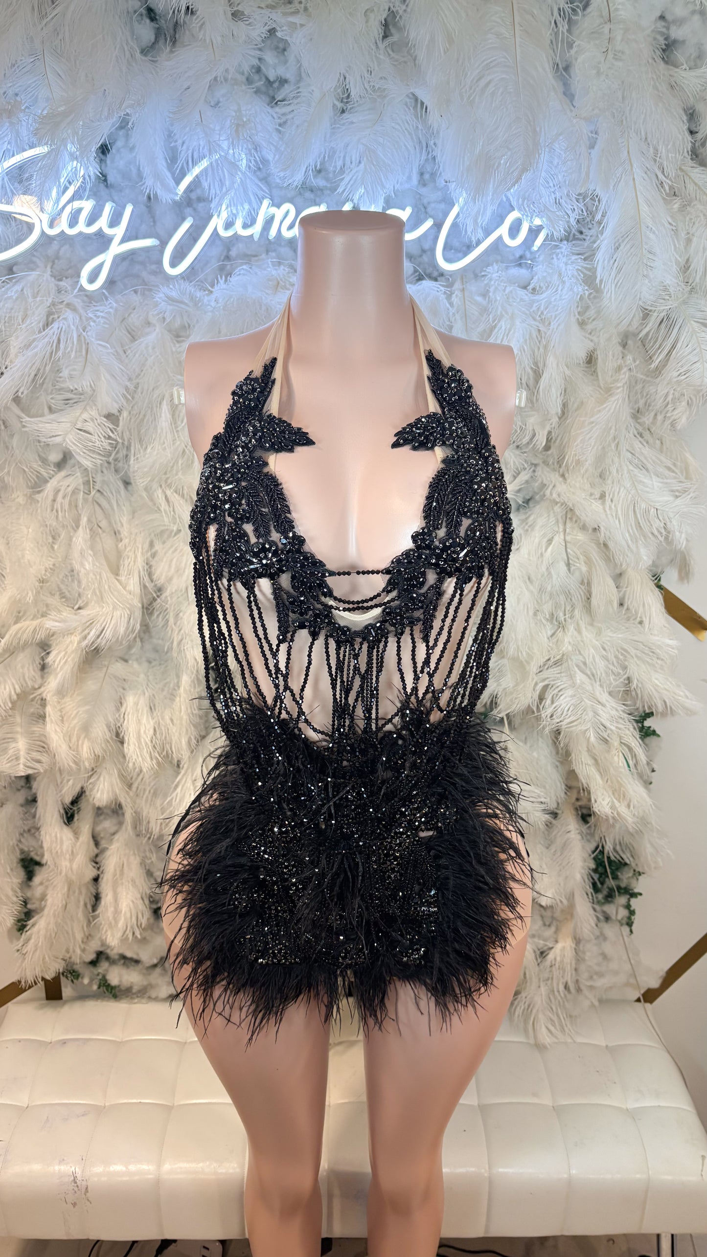 READY TO SHIP The Baddest Of Them All Feather Rhinestone Mini Dress