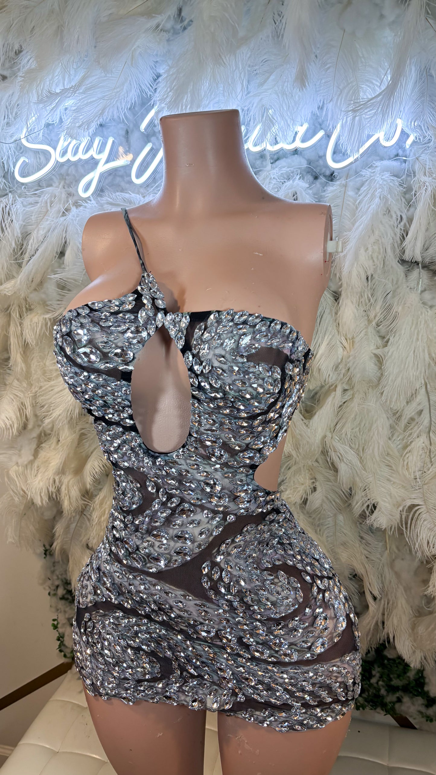 READY TO SHIP Swirls Of Grey Rhinestone Mesh Mini Dress