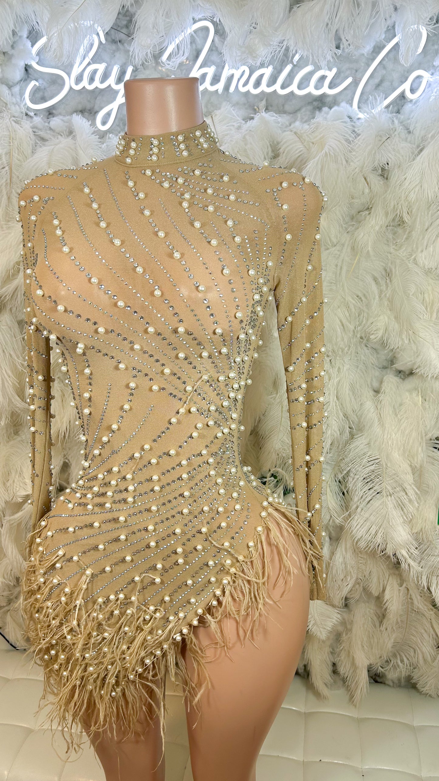 Top Notch Pearl Luxe Mini Dress -Nude