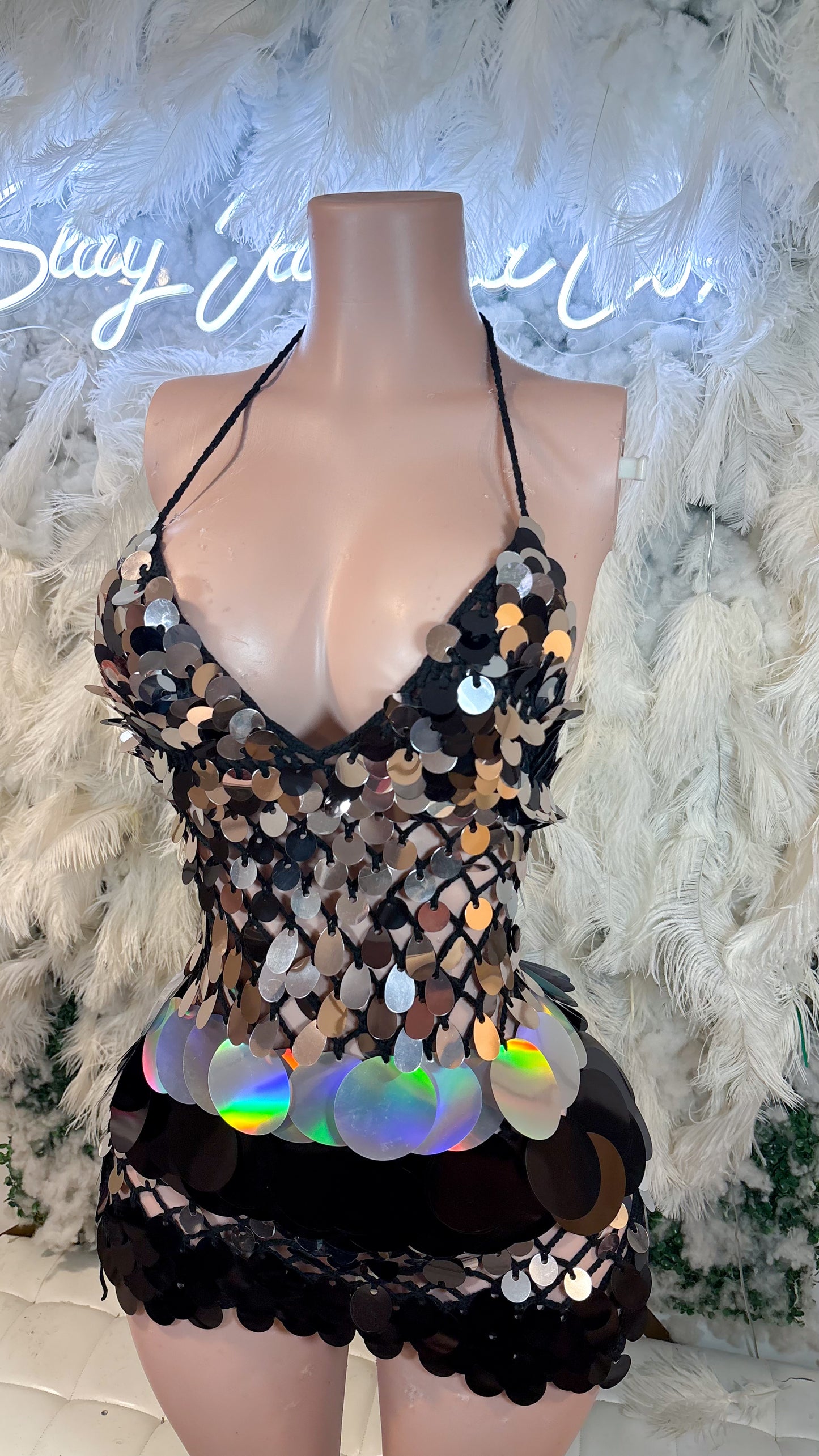 READY TO SHIP Bottles And Lights Knit Assorted Sequin Mini Dress - Black Silver Mix