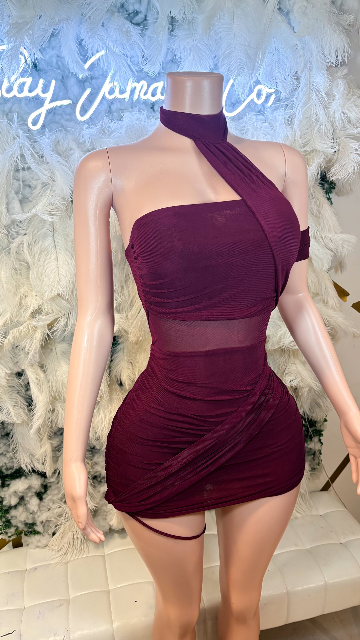 Miss Independent Ruched Mesh Mini Dress - Wine