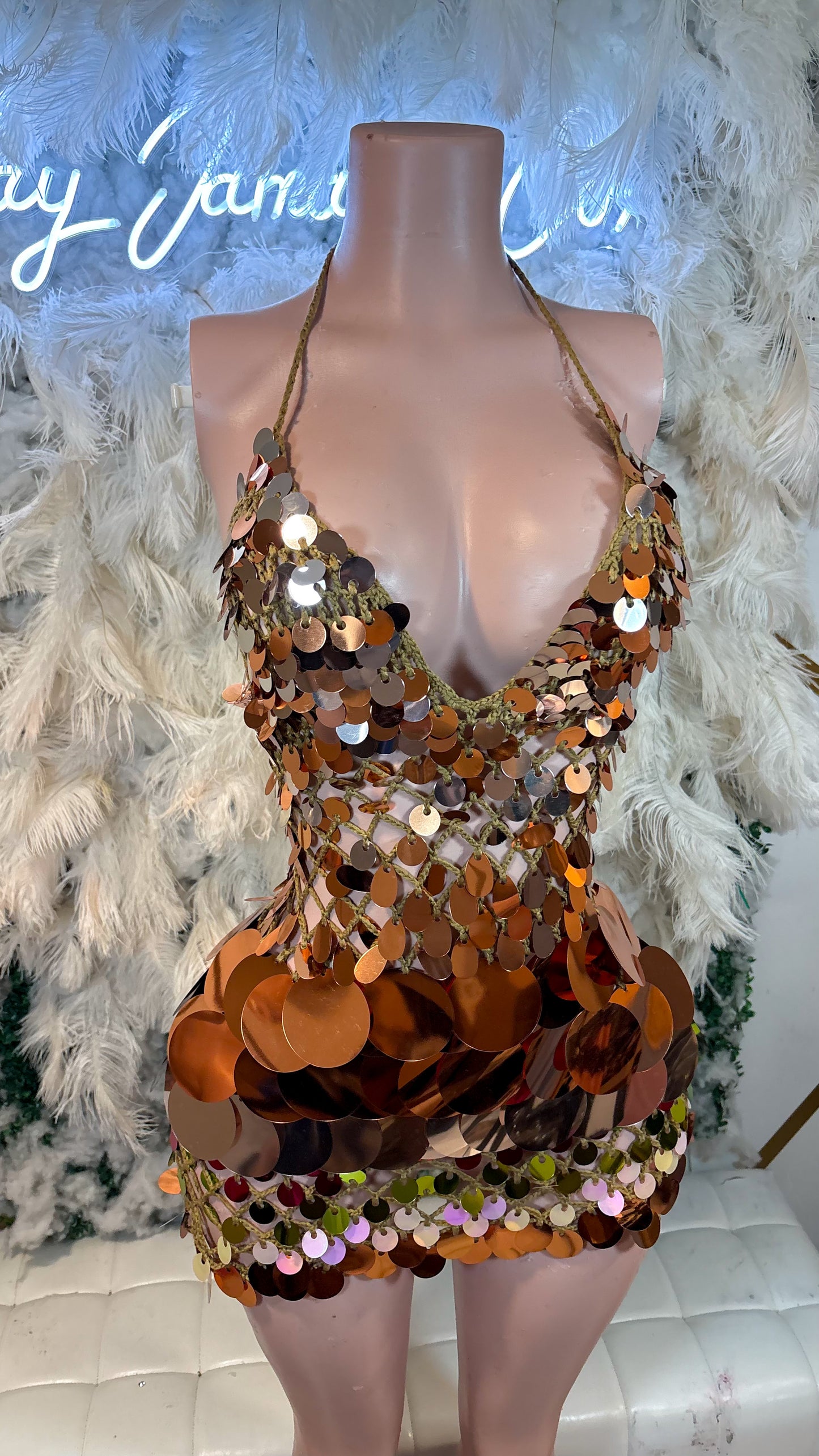 READY TO SHIP Bottles And Lights Knit Assorted Sequin Mini Dress - Warm Amber Mix