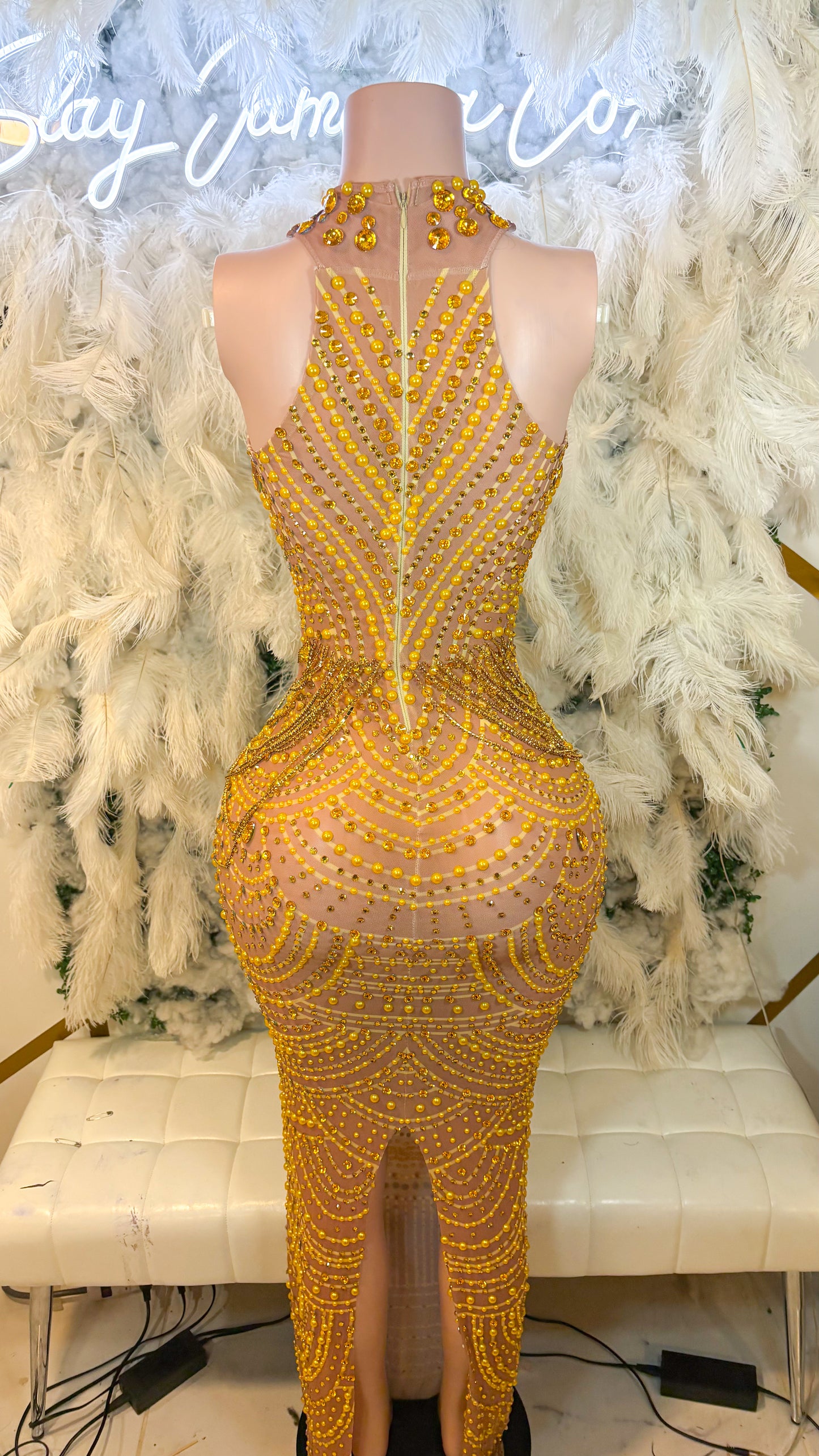 Moonlight Dreams Rhinestone Chain Mesh Maxi Dress -Gold