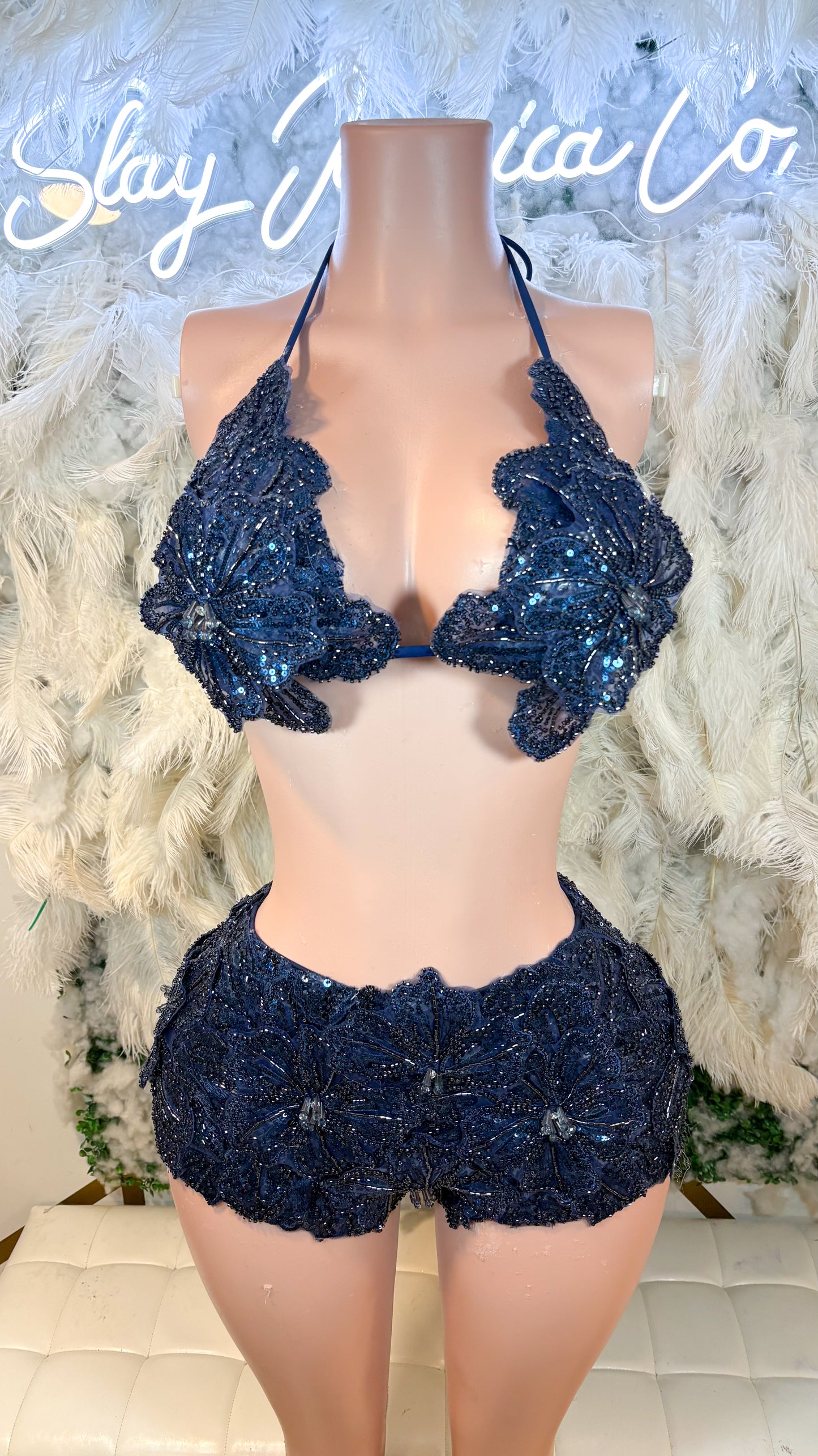 READY TO SHIP Seychelles  Doll Floral Sequin Shorts Set - Navy Blue