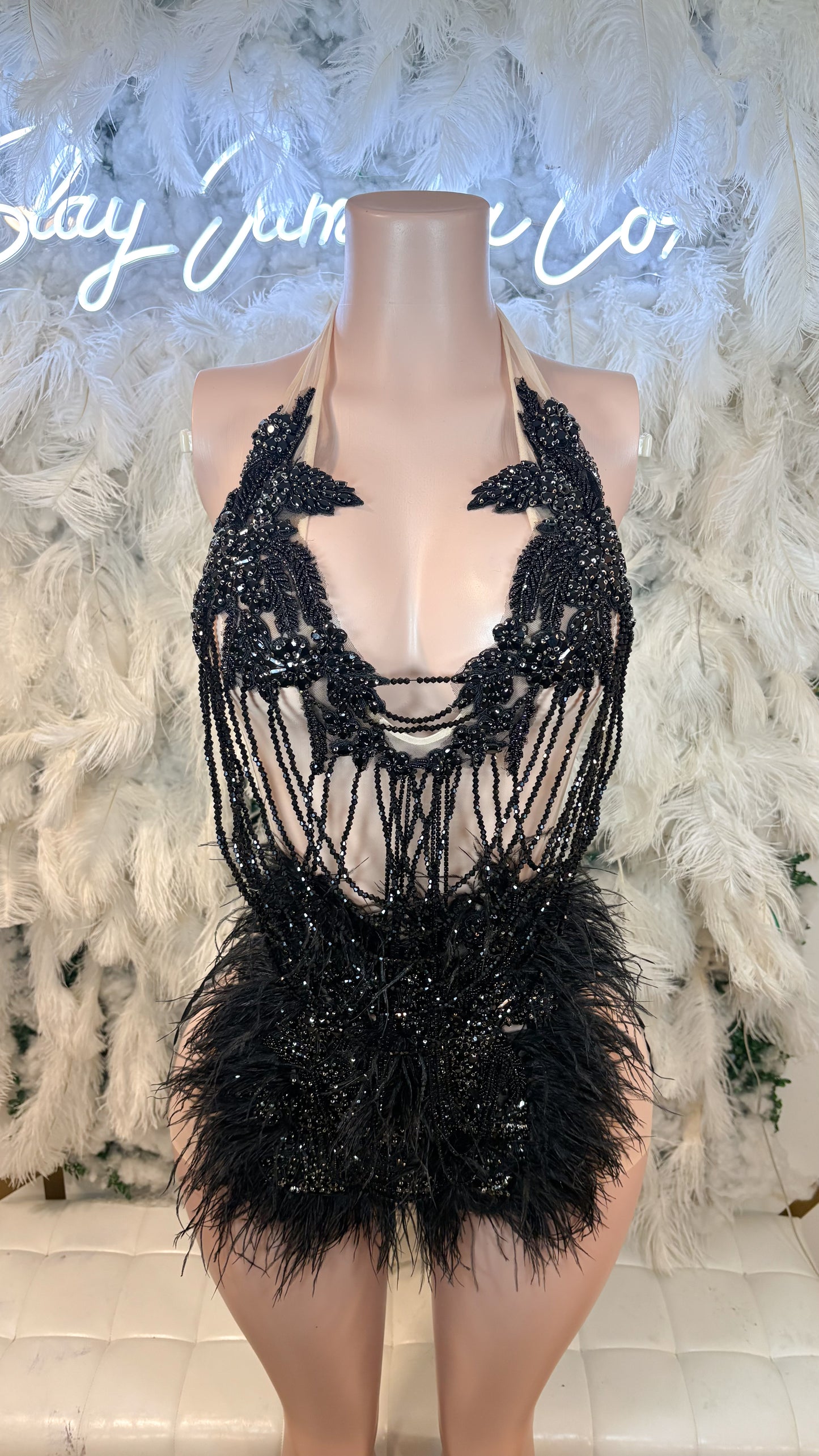 READY TO SHIP The Baddest Of Them All Feather Rhinestone Mini Dress