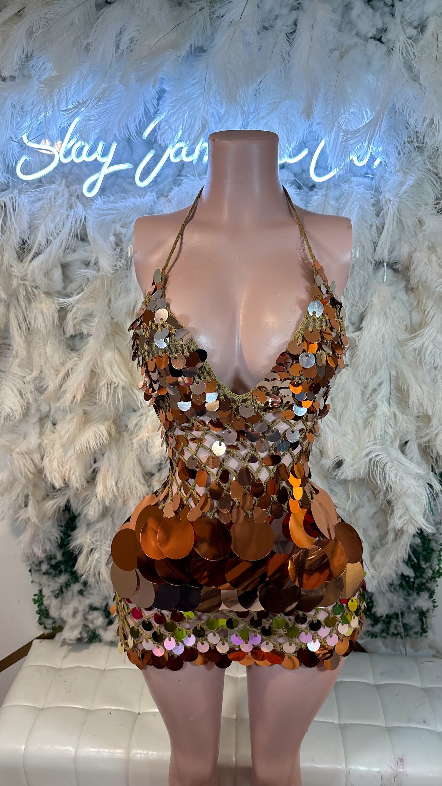 READY TO SHIP Bottles And Lights Knit Assorted Sequin Mini Dress - Warm Amber Mix