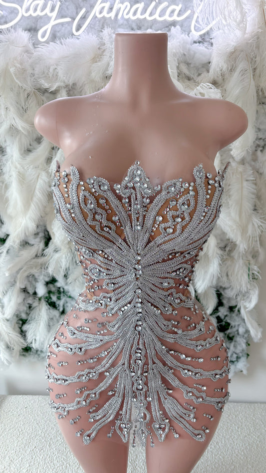 Preorder only The Glam Lifestyle Mesh Rhinestone Mini Dress